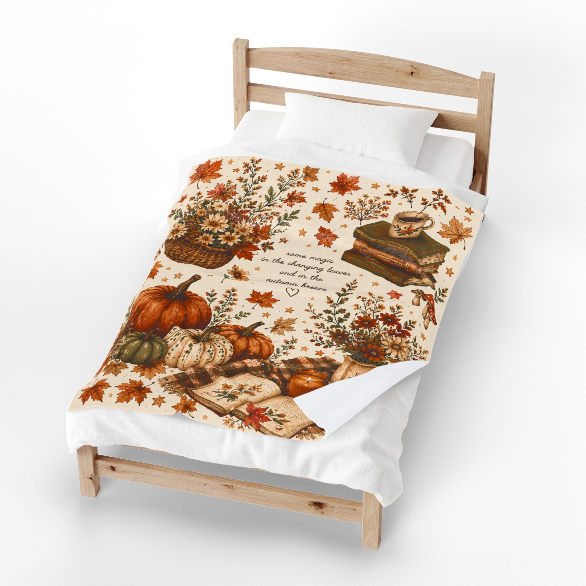 Autumn Cozy Harvest Velveteen Blanket | Pumpkins, Leaves, Books, Tea