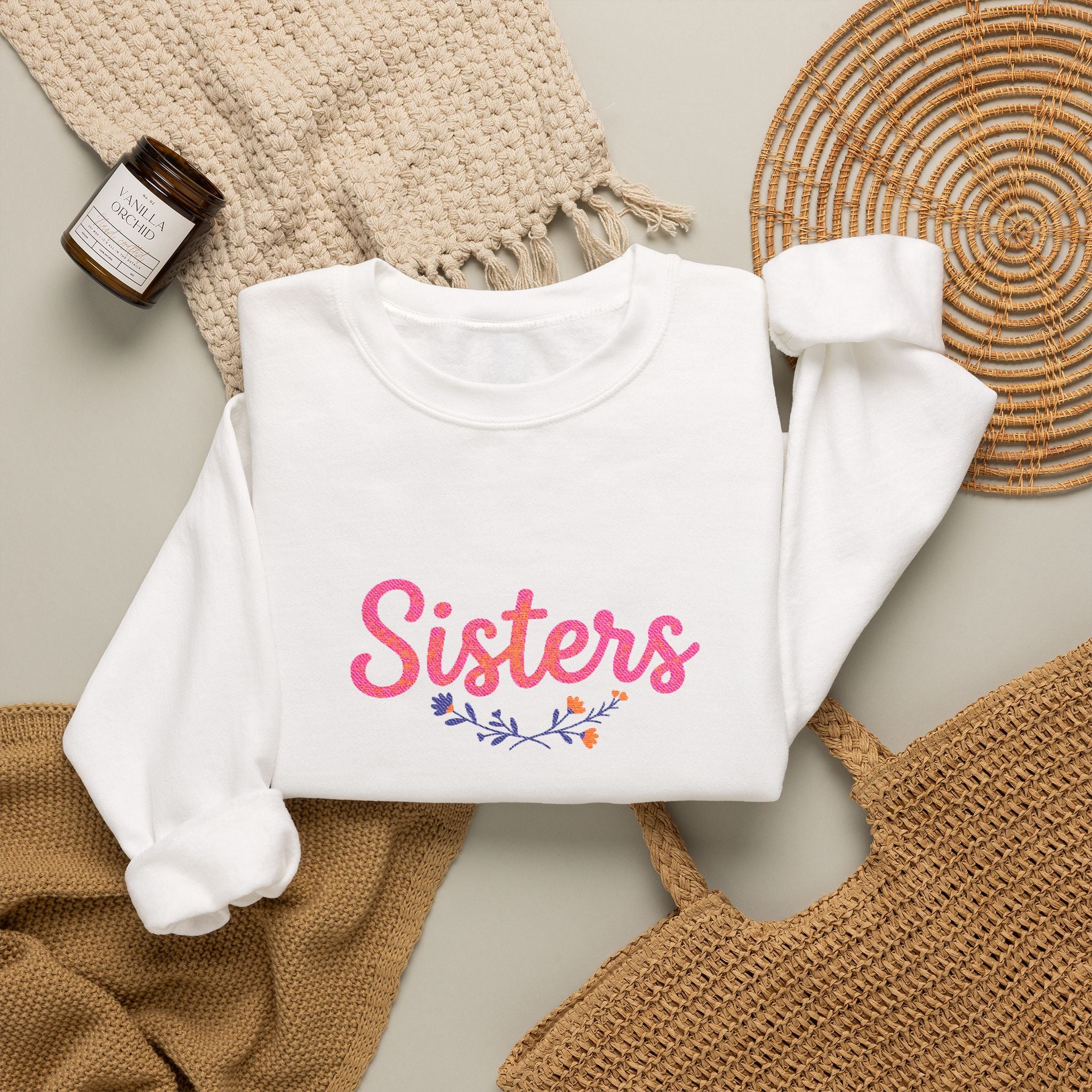 Sisters Embroidered Crewneck Sweatshirt with Floral Branch Design, Sisterly Gift for Sisters and Sister Gift Ideas