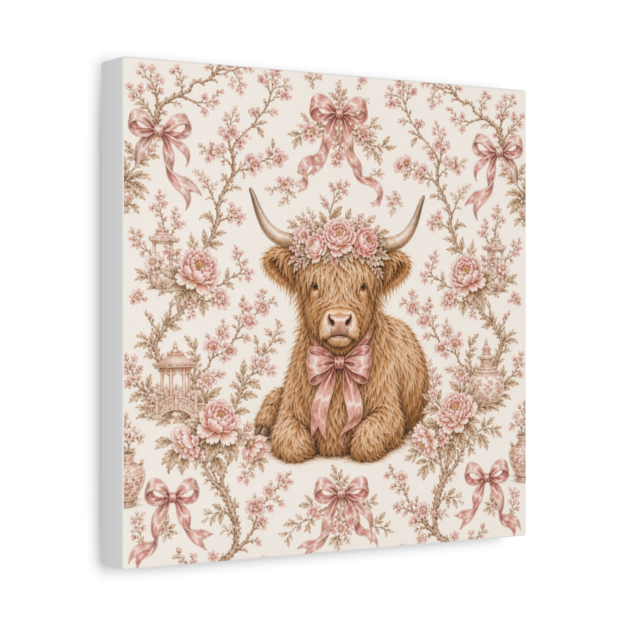 Floral Highland Cow Canvas | Matte Stretched Wall Art