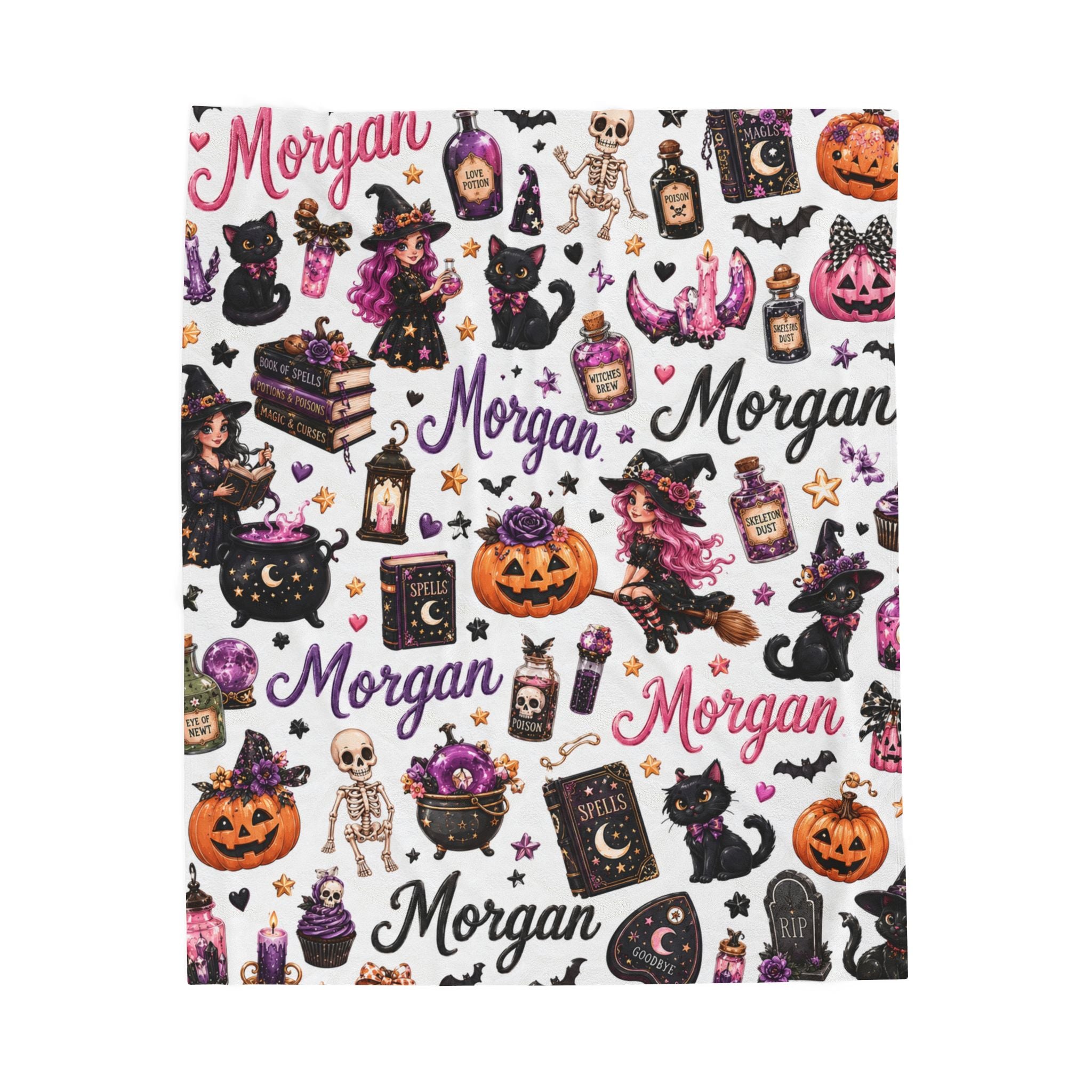 Personalized Halloween Velveteen Plush Blanket For Girl, Custom Name Witch Pumpkin Black Cat Cozy Blanket, Cute Halloween Gift For Girl