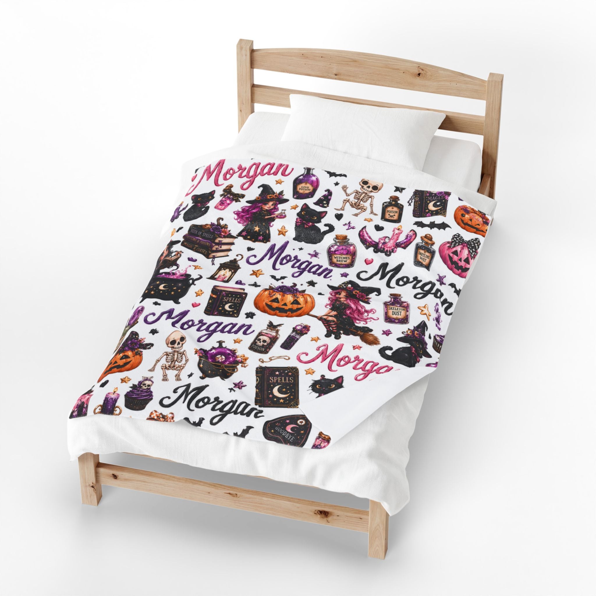 Personalized Halloween Velveteen Plush Blanket For Girl, Custom Name Witch Pumpkin Black Cat Cozy Blanket, Cute Halloween Gift For Girl