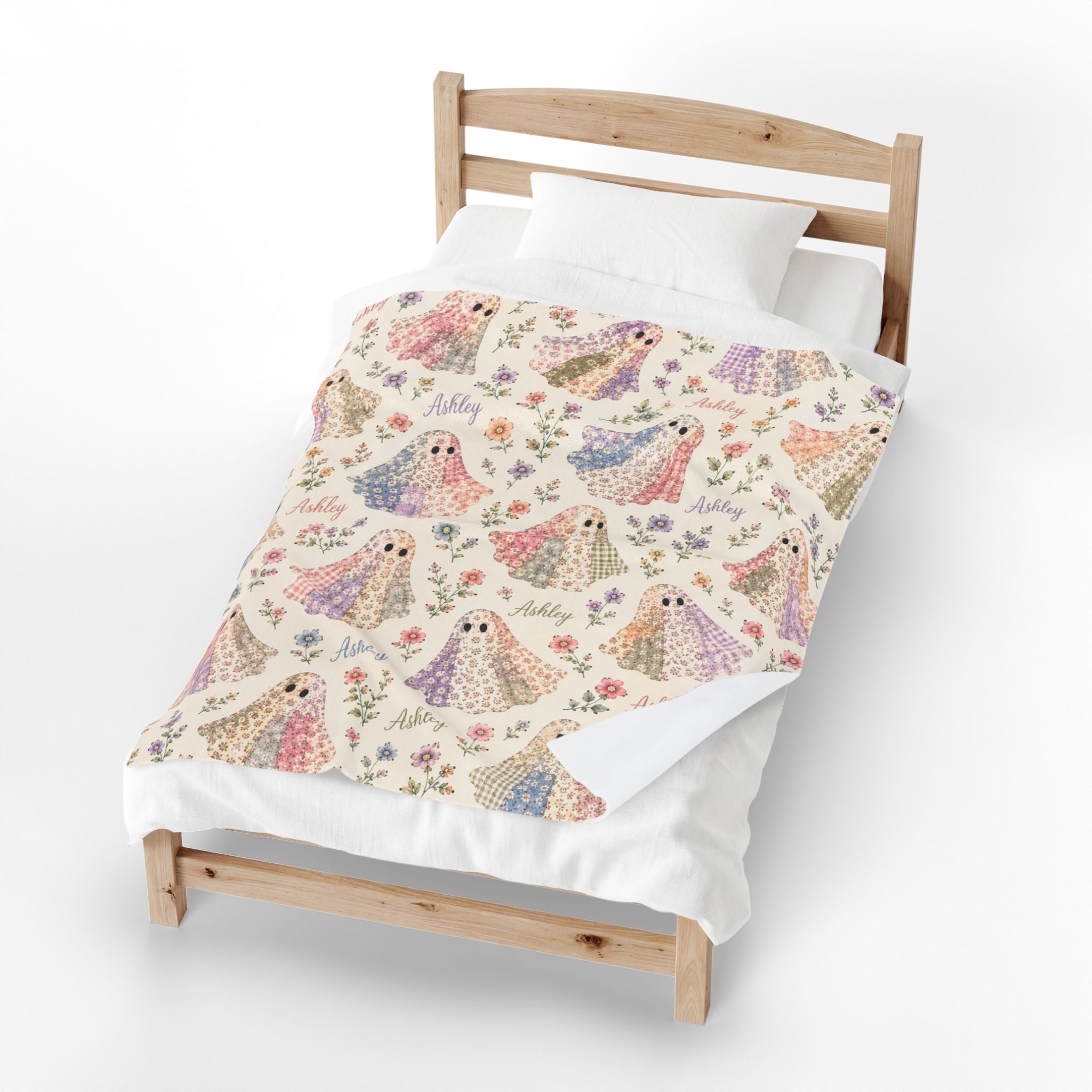 Pastel Floral Ghost Pattern Velveteen Plush Blanket | Personalized Name Option