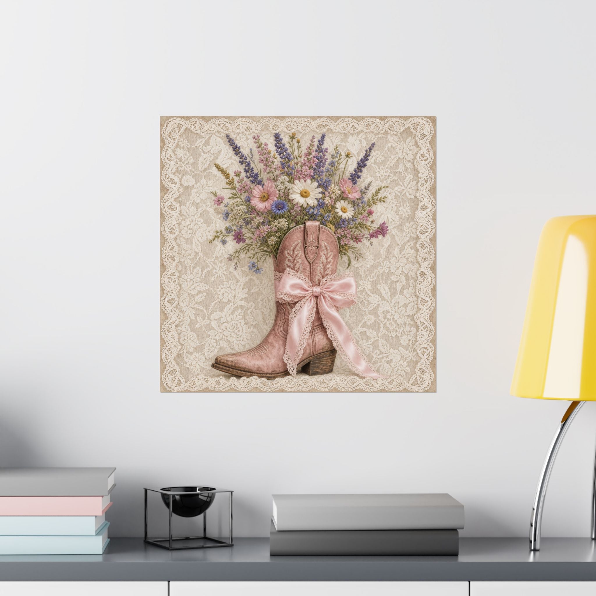 Cowgirl Lace Boot Bouquet Poster | Floral Lace Western Wall Art