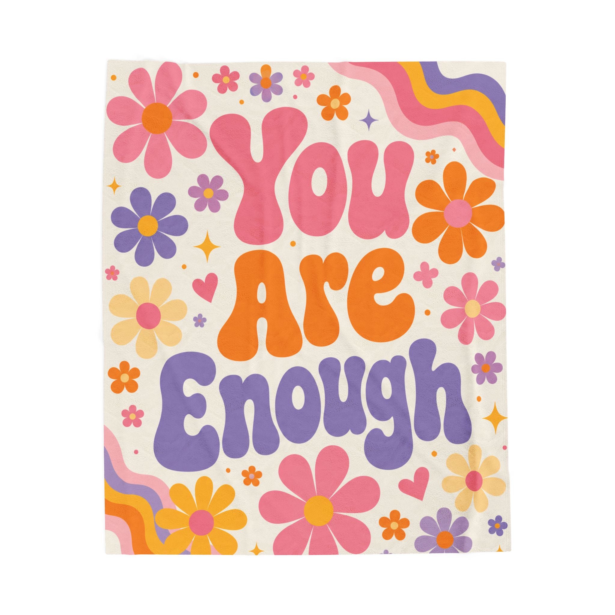 You Are Enough Velveteen Plush Blanket, Retro Flower Positive Quote Blanket, Dopamine Decor Teen Girl Room, College Girl Dorm Decor, Gift