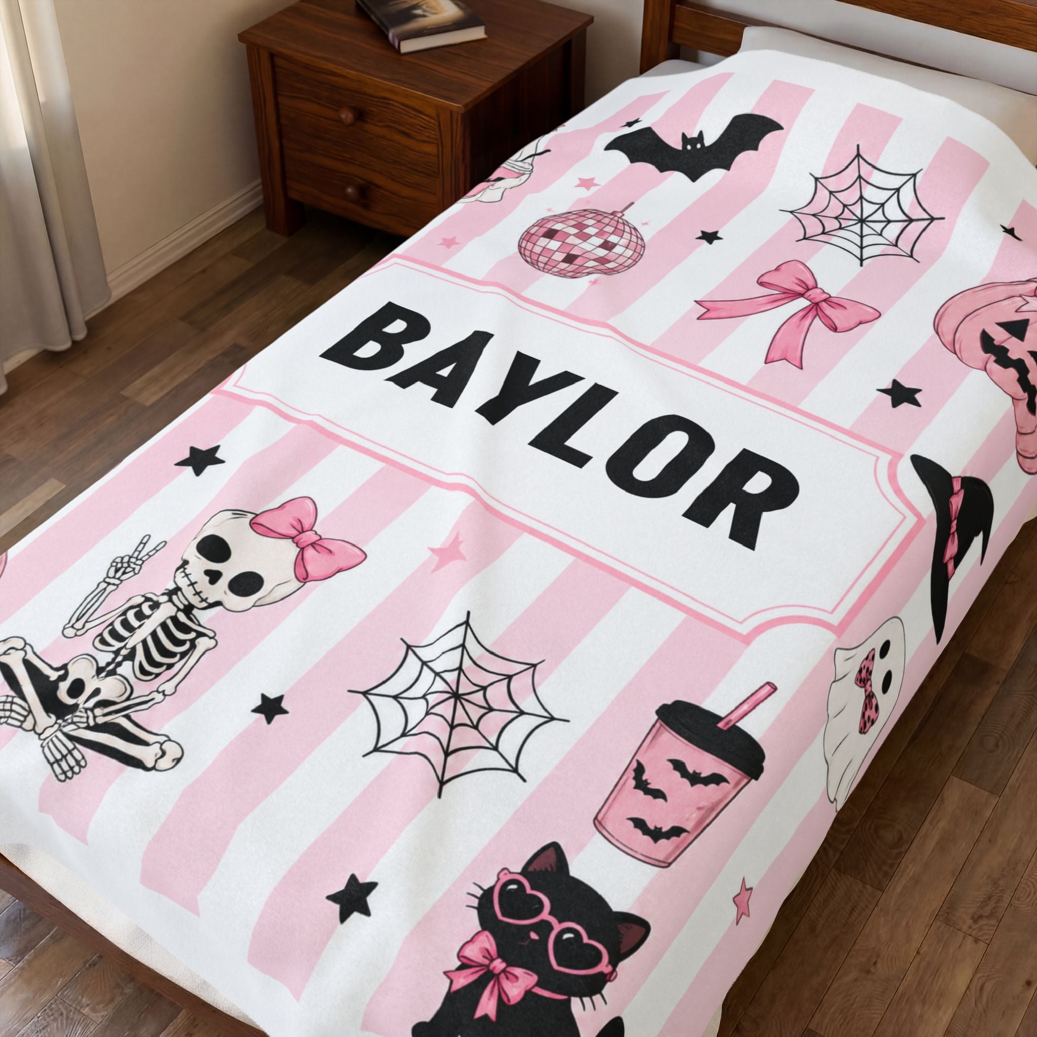 Personalized Pink Stripe Halloween Velveteen Plush Blanket, Custom Name Halloween Blanket For Girl, Pink Halloween Gift For Teen Girl, Cozy
