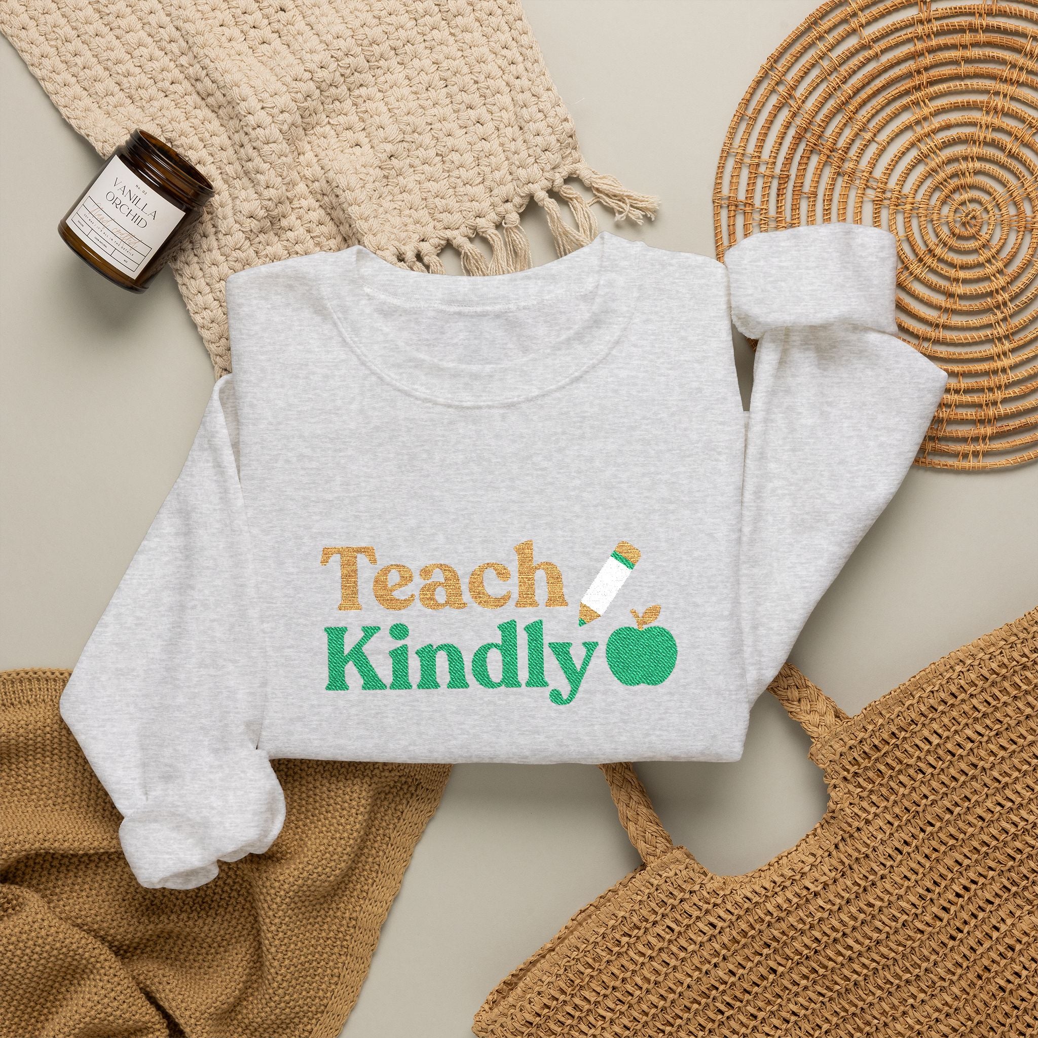 Embroidered Teacher Crewneck Sweatshirt with Teach Kindly Pencil and Apple Design for Teacher Appreciation