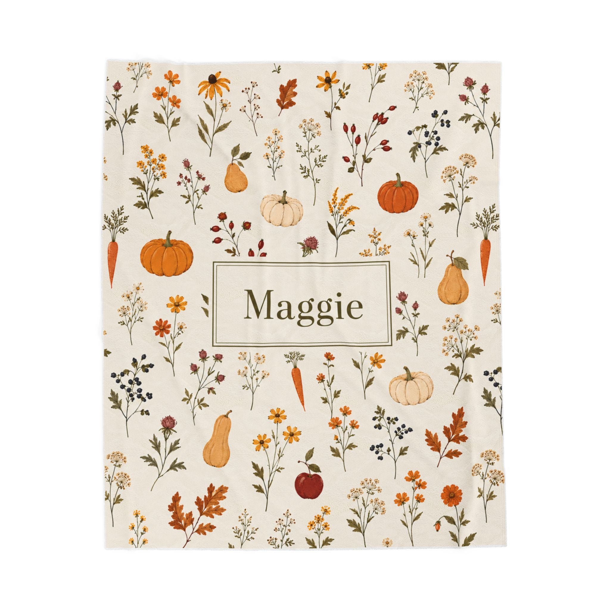Autumn Harvest Name Plaque Velveteen Plush Blanket | Personalized Fall Pumpkins & Gourds