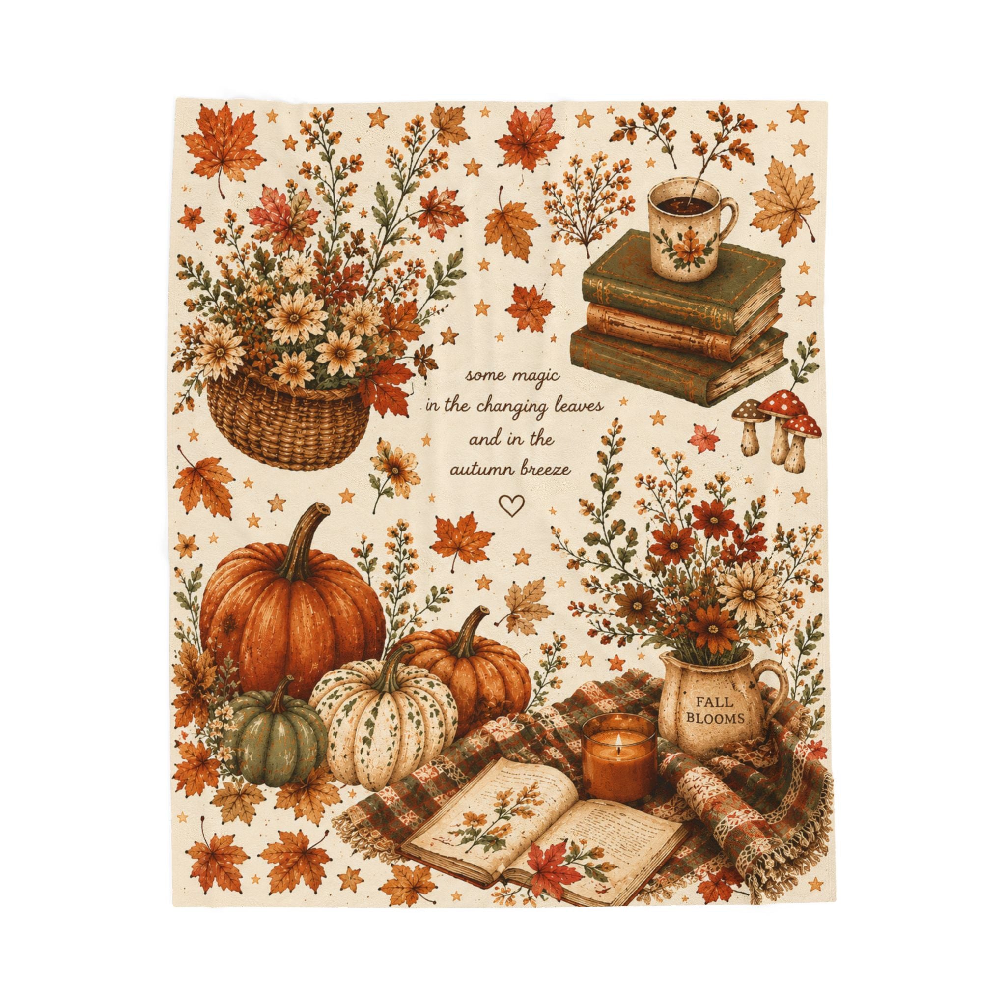 Autumn Cozy Harvest Velveteen Blanket | Pumpkins, Leaves, Books, Tea