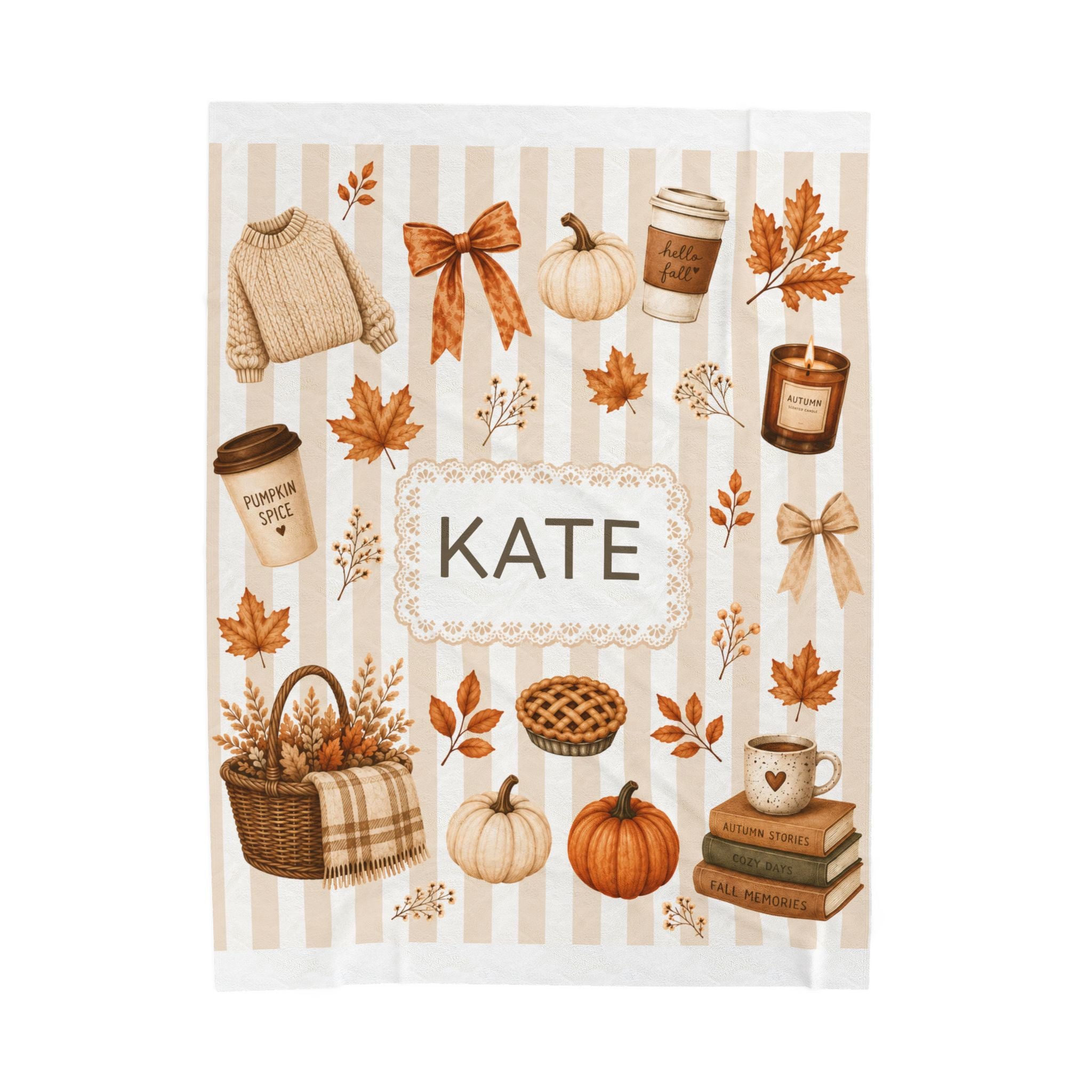 Personalized Autumn Dorm Blanet For College Girl, Custom Name Cozy Velveteen Blanket For Her, Aesthetic Fall Pumpkin Cozy Blanket, Dorm Gift