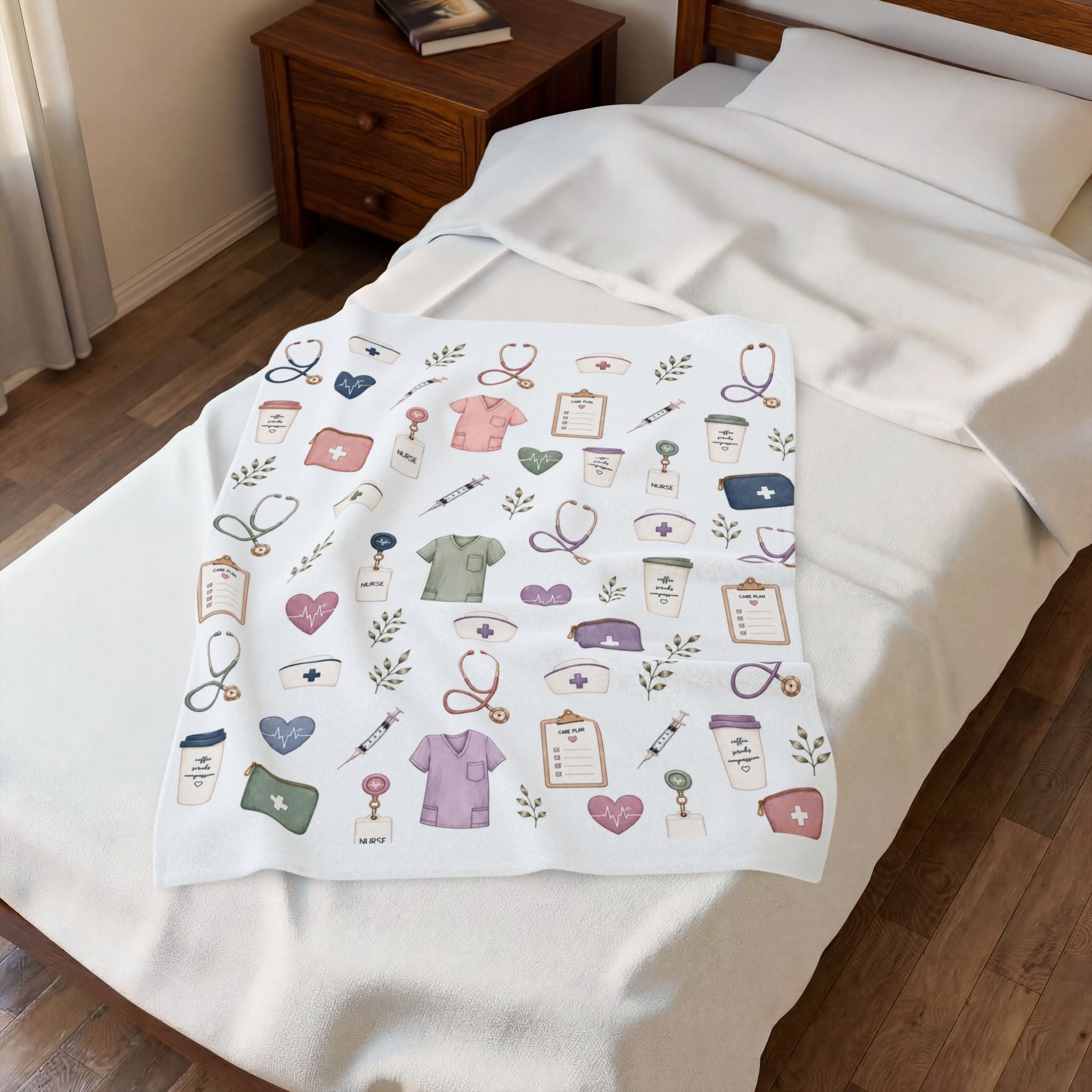 Cute Nurse Pattern Velveteen Plush Blanket | Medical Scrubs, Stethoscopes, Syringes
