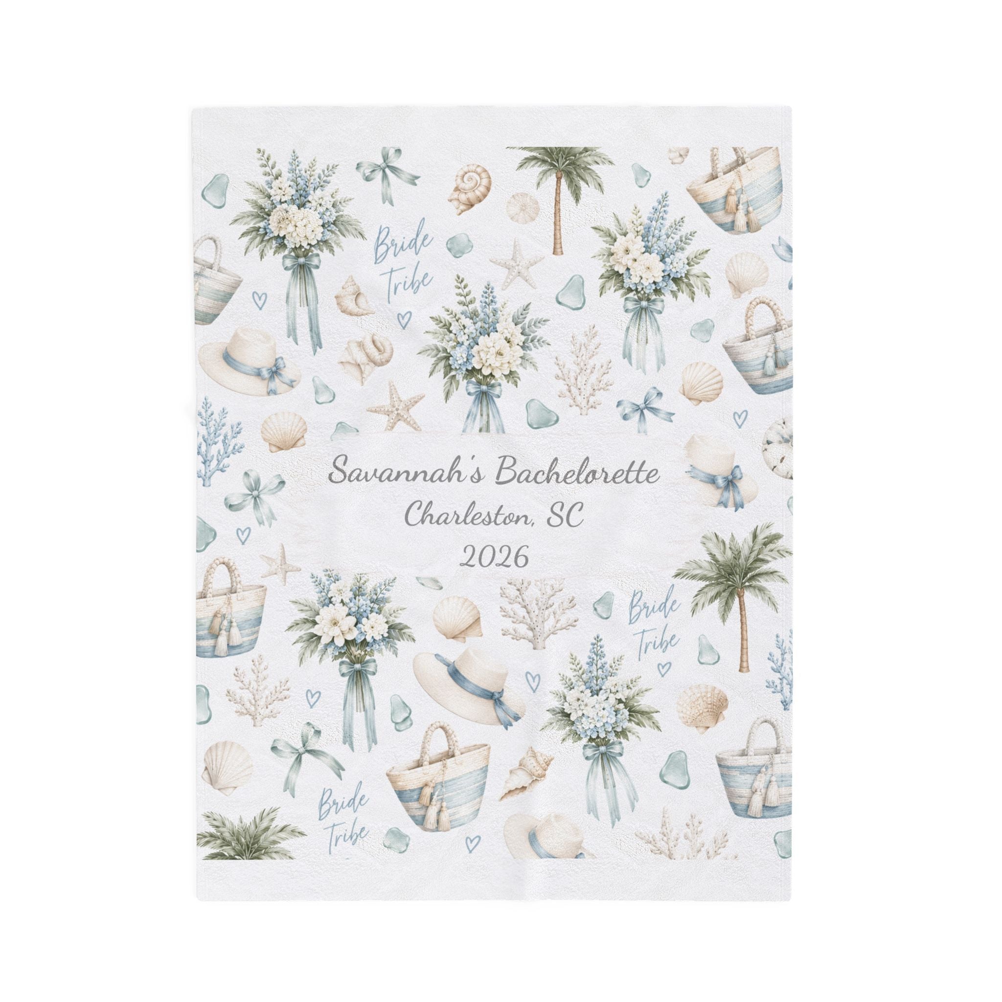 Personalized Coastal Bride Tribe Floral Plush Blanket, Custom Coastal Bachelorette Party Blanket, Matching Preppy Beach Bach Gift,Charleston