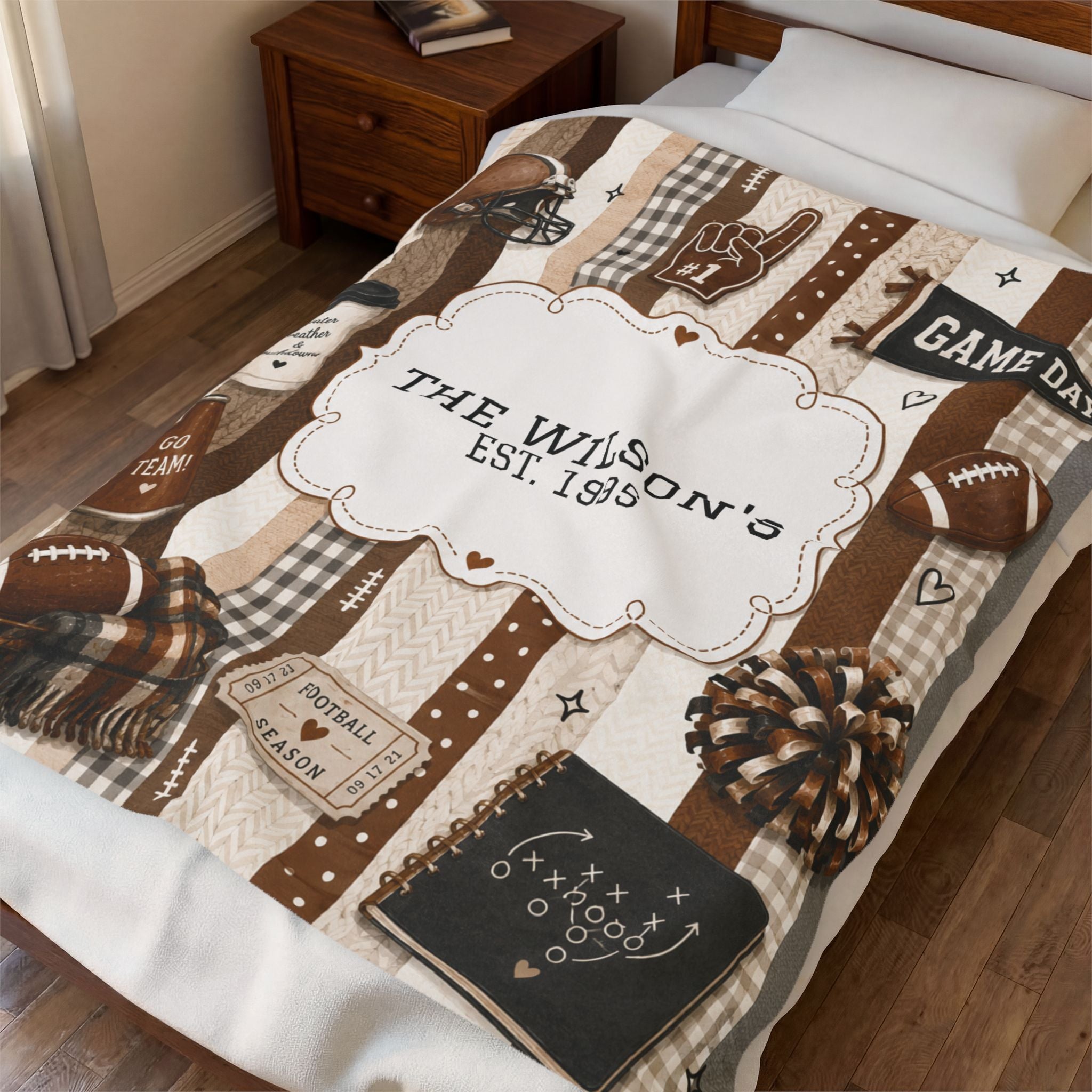 Personalized Football Family Name Plush Blanket, Custom Name Game Day Decor, Striped Football Tailgating Blanket, Football Lover Gift Idea
