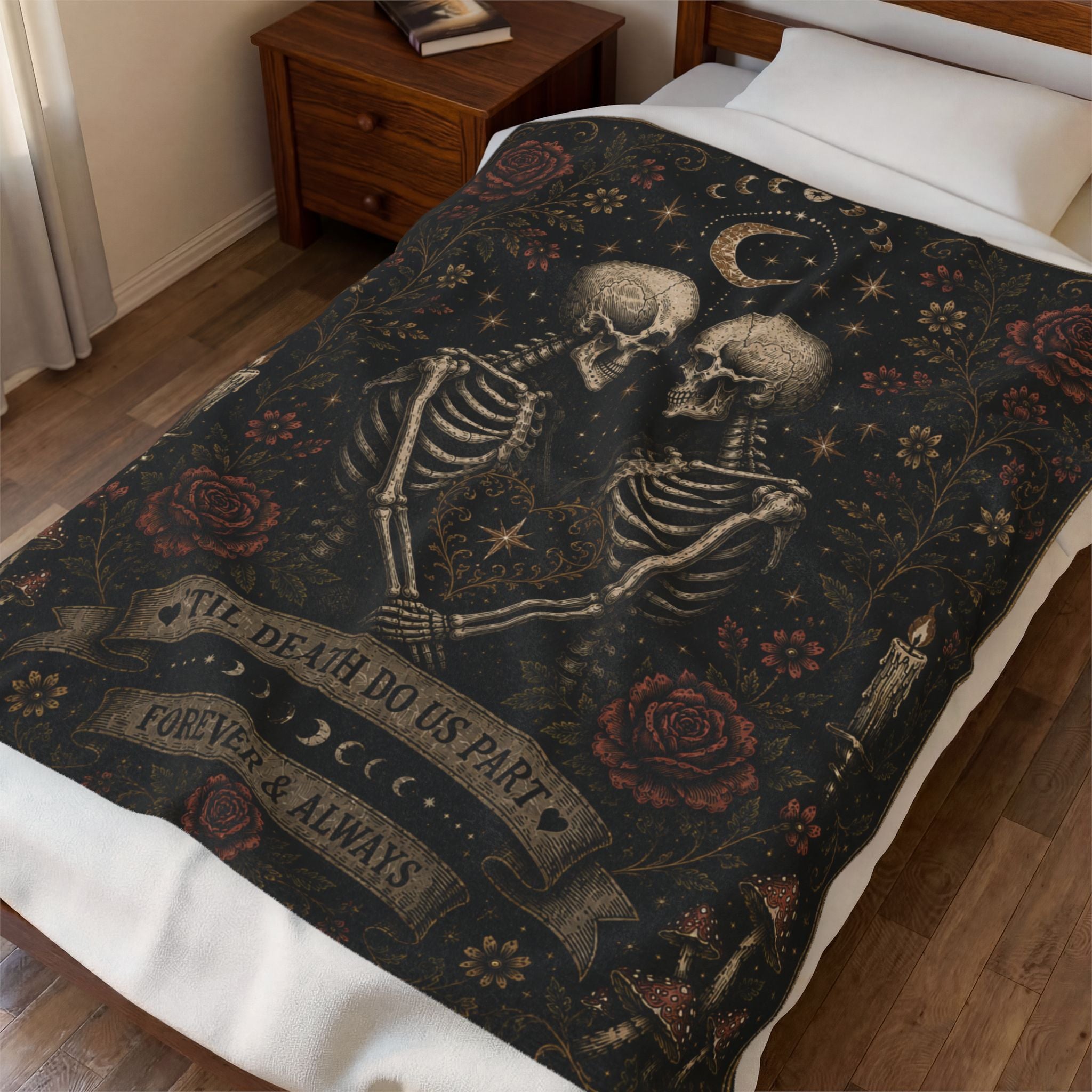 Til Death Do Us Part Skeleton Blanket, Goth Couple Wedding Gift Idea, Skeleton Lovers Wedding Blanket, Spooky Goth Couple Anniversary Gift