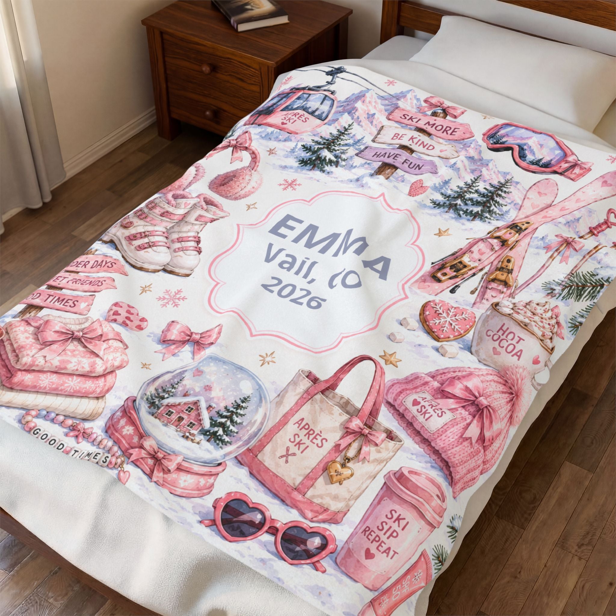 Personalized Ski Chalet Velveteen Plush Blanket For Girl, Pink Ski Gear Name & Year Travel Blanket Teen Girl, Girl Apres Ski Gift Idea, Cozy