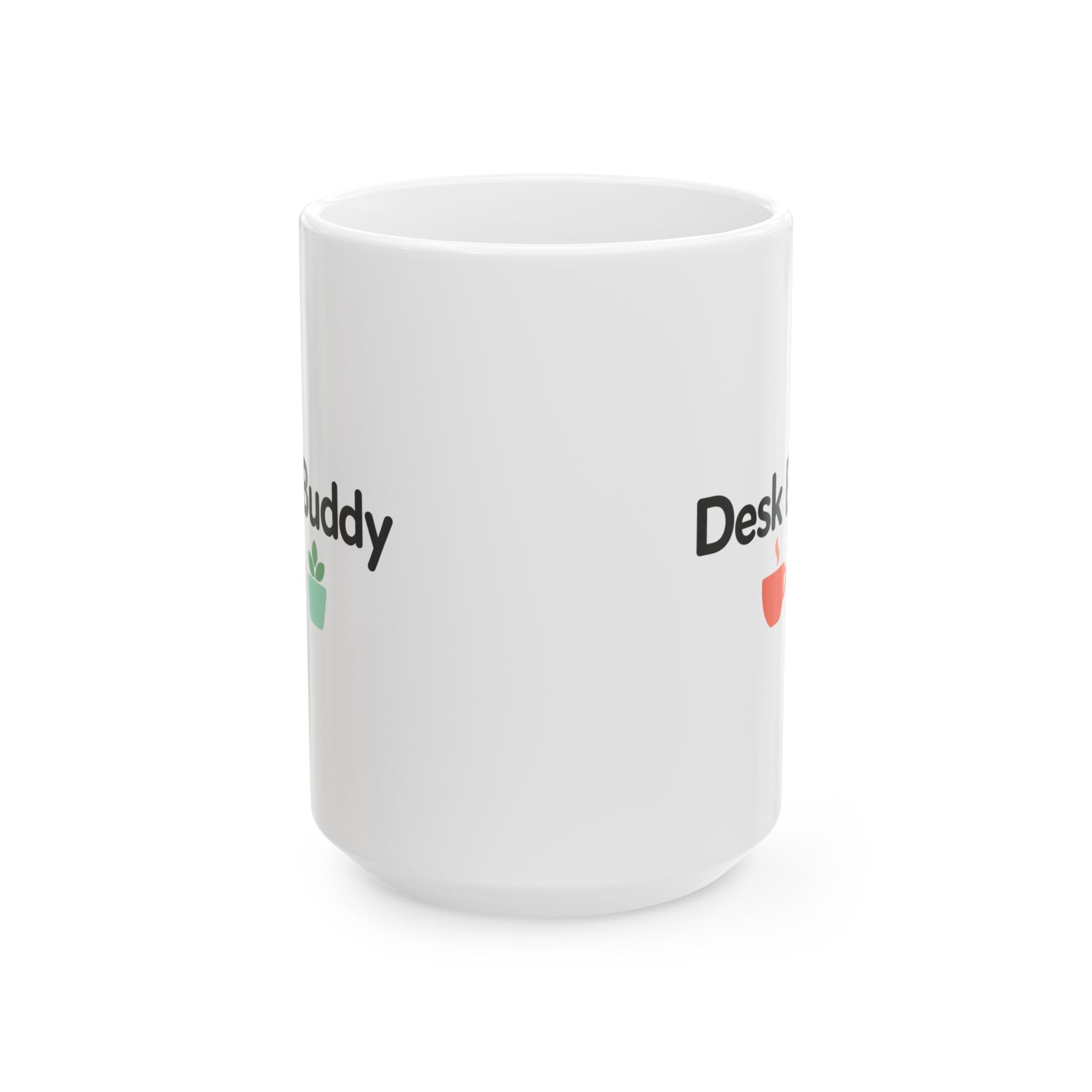 Desk Buddy Coffee Mug, White Ceramic Mug with Coffee Cup and Plant Design, Office Gift Mug for Coworkers