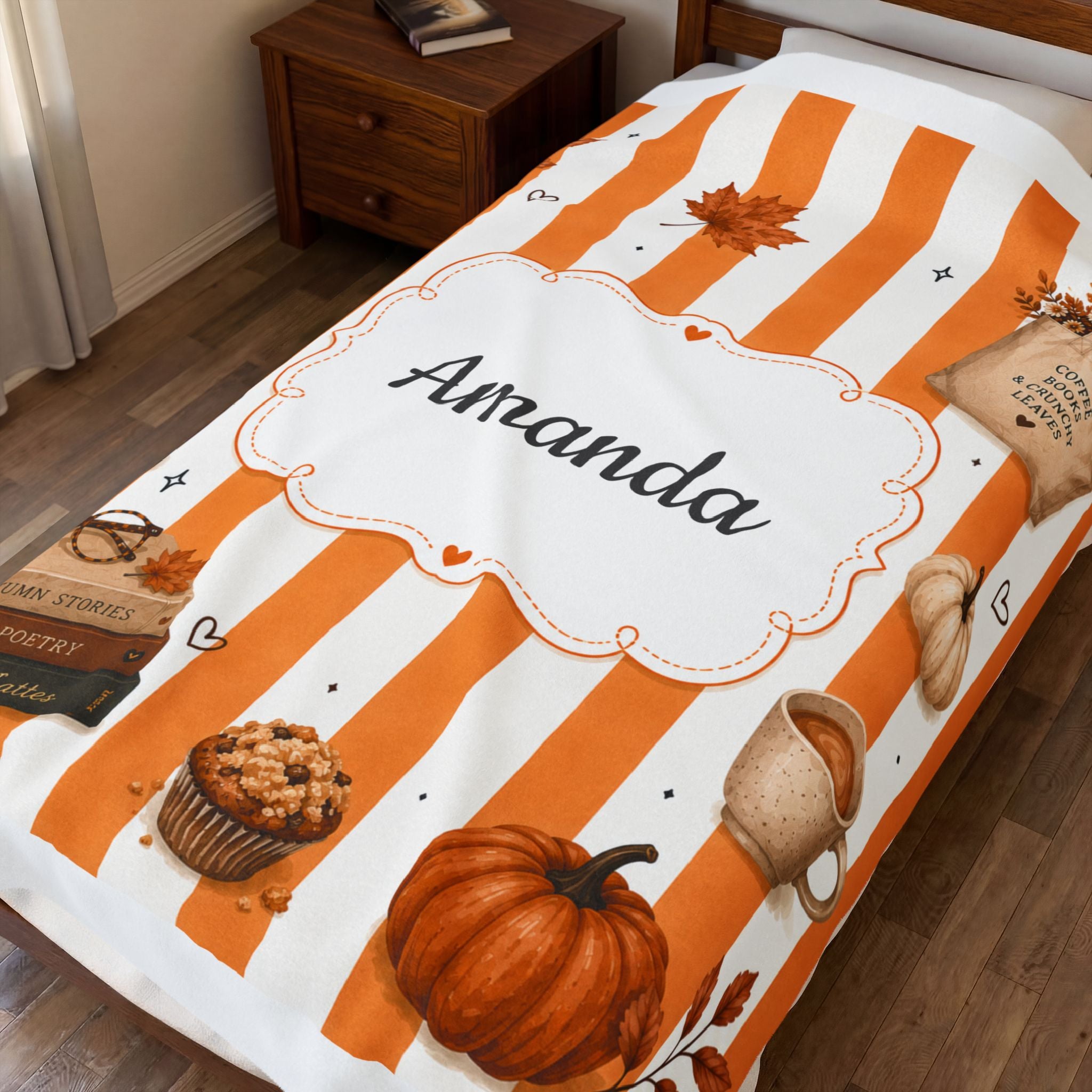 Personalized Autumn Cozy Velveteen Plush Blanket | Personalized Name Fall Throw