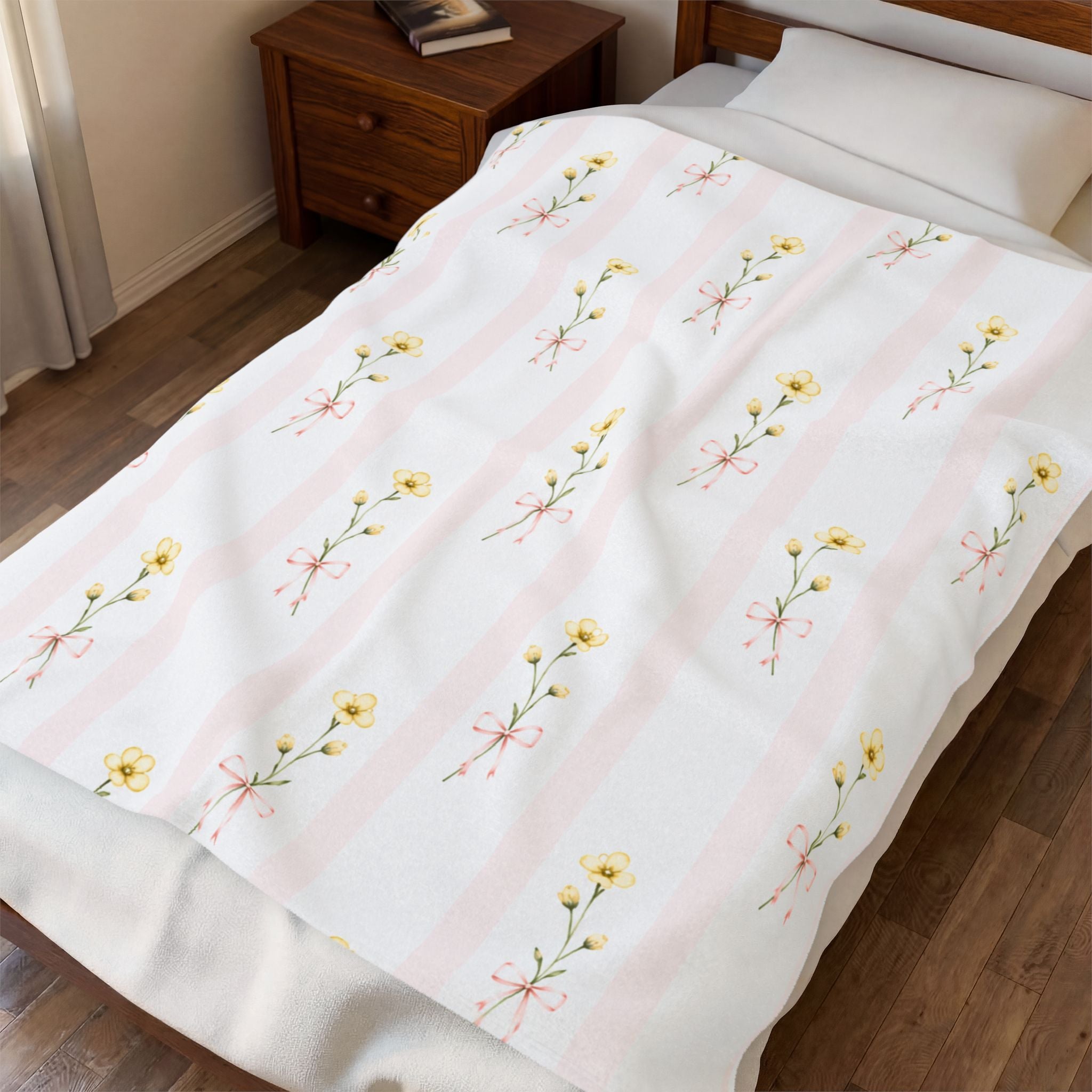 Yellow Wildflower Stripes Blanket | Floral Velveteen Plush Throw