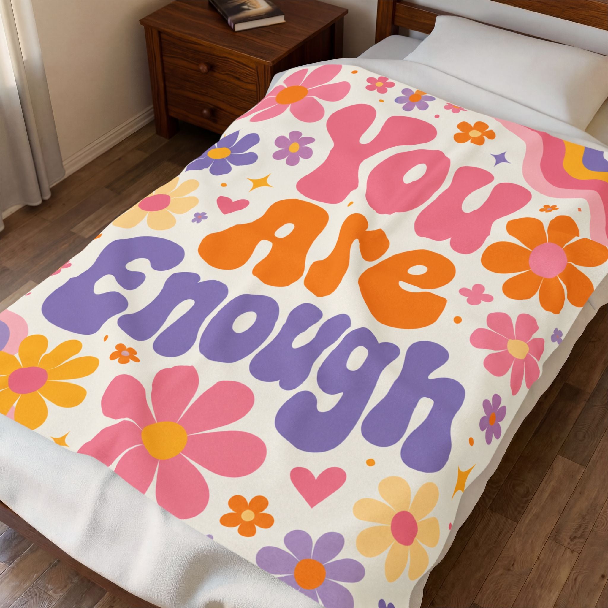 You Are Enough Velveteen Plush Blanket, Retro Flower Positive Quote Blanket, Dopamine Decor Teen Girl Room, College Girl Dorm Decor, Gift