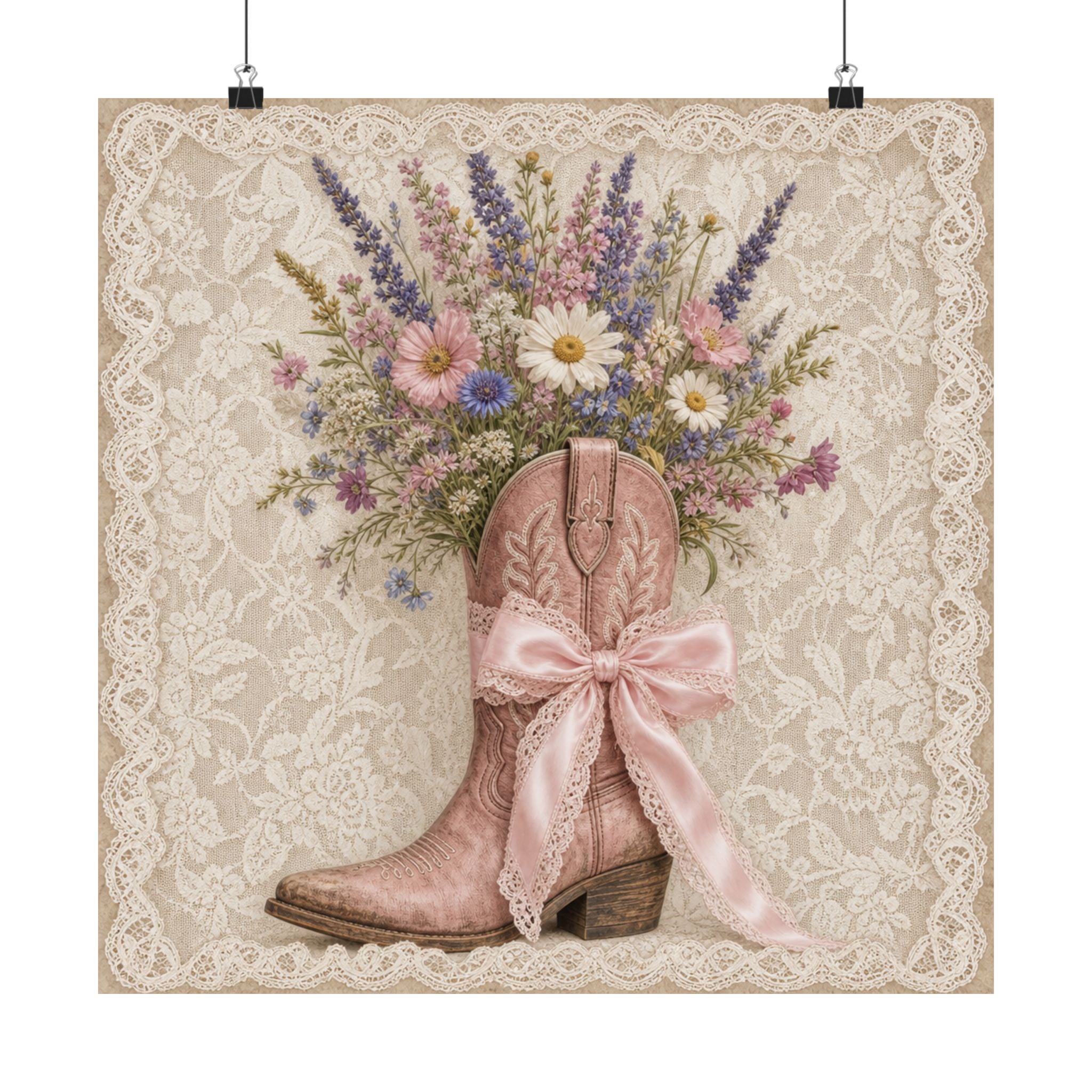 Cowgirl Lace Boot Bouquet Poster | Floral Lace Western Wall Art