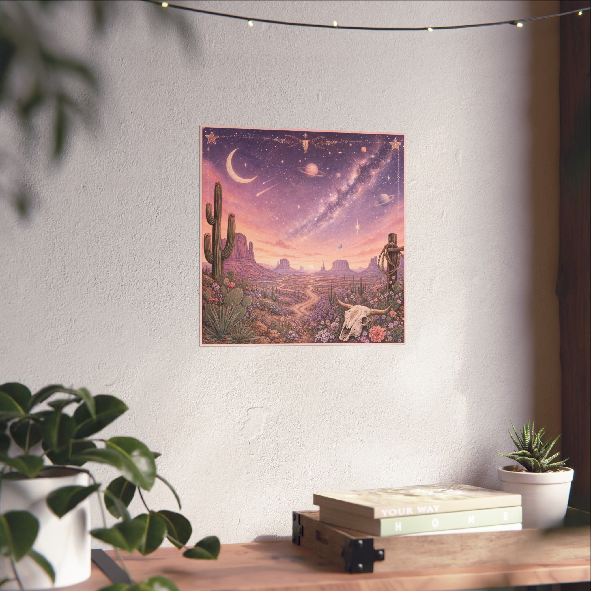 Desert Night Sky Skull Poster | Pastel Western Cosmic Landscape Matte Poster, Southwestern Galaxy Landscape, Pastel Southwestern Decor