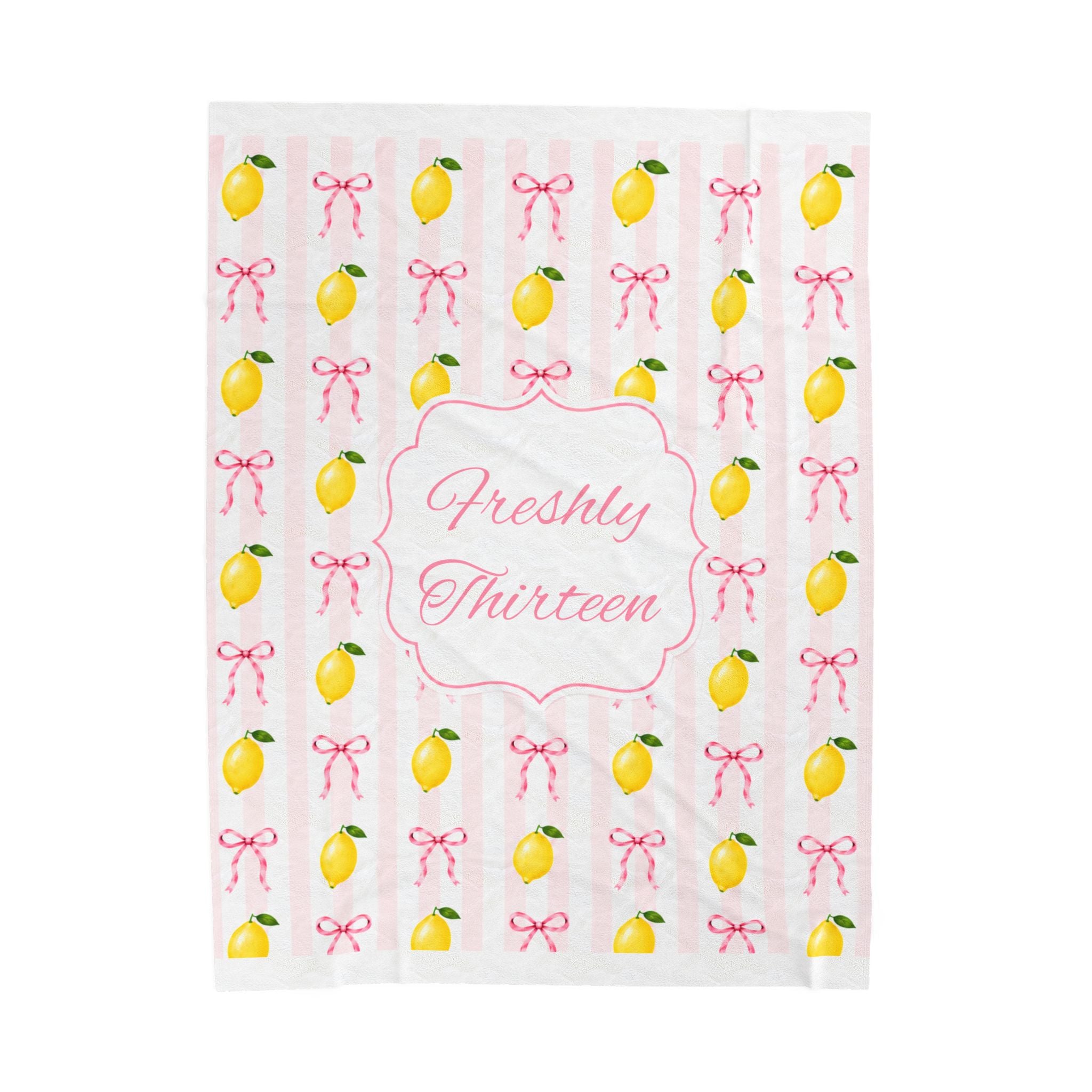 Freshly Thirteen Velveteen Plush Blanket | Thirteenth Birthday Lemon Bow Pattern Decor, 13th Birthday Backdrop, Officially A Teen Gift Idea