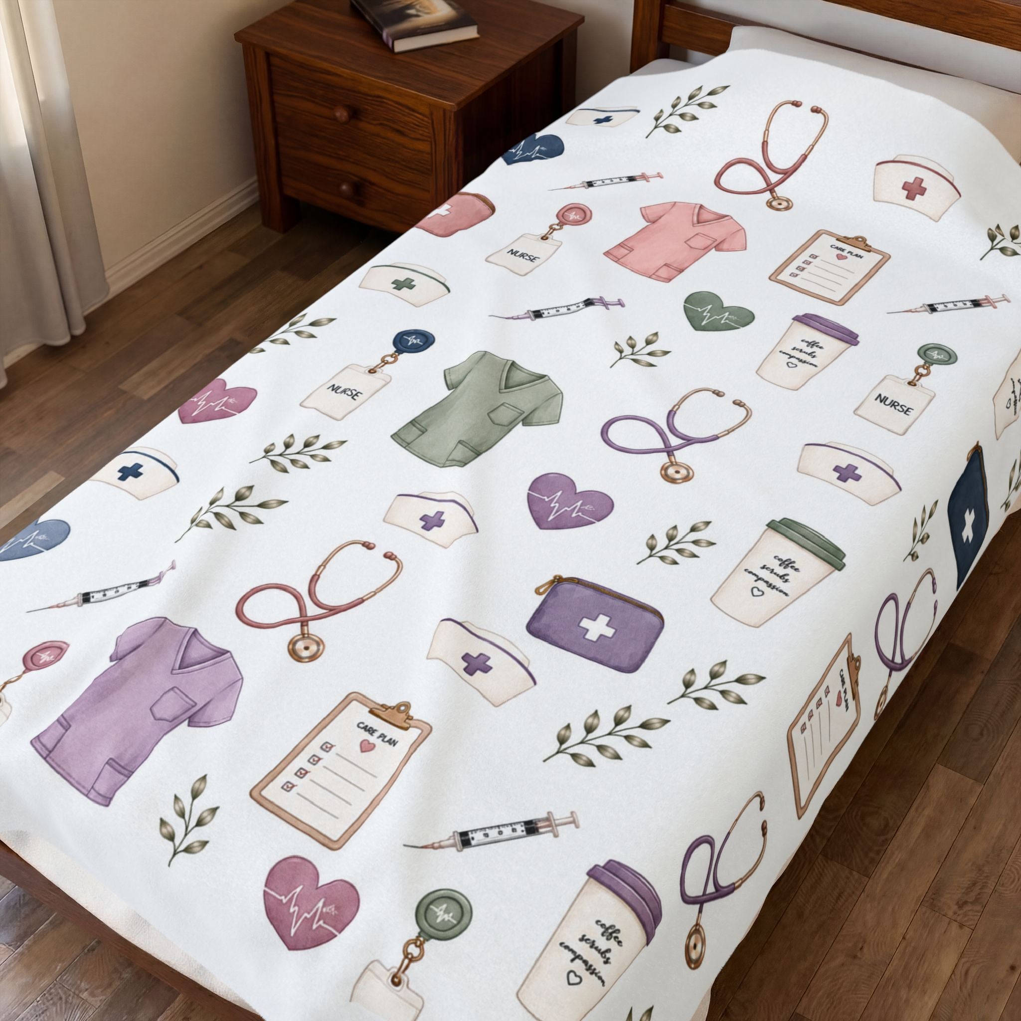 Cute Nurse Pattern Velveteen Plush Blanket | Medical Scrubs, Stethoscopes, Syringes