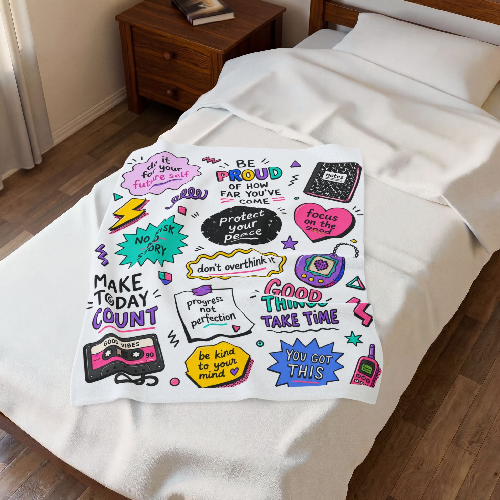 Inspirational Quote Doodle Blanket, 90's Positive Quote Doodle Blanket For College Student, Motivational Quote Cozy Blanket, Dorm Room Decor
