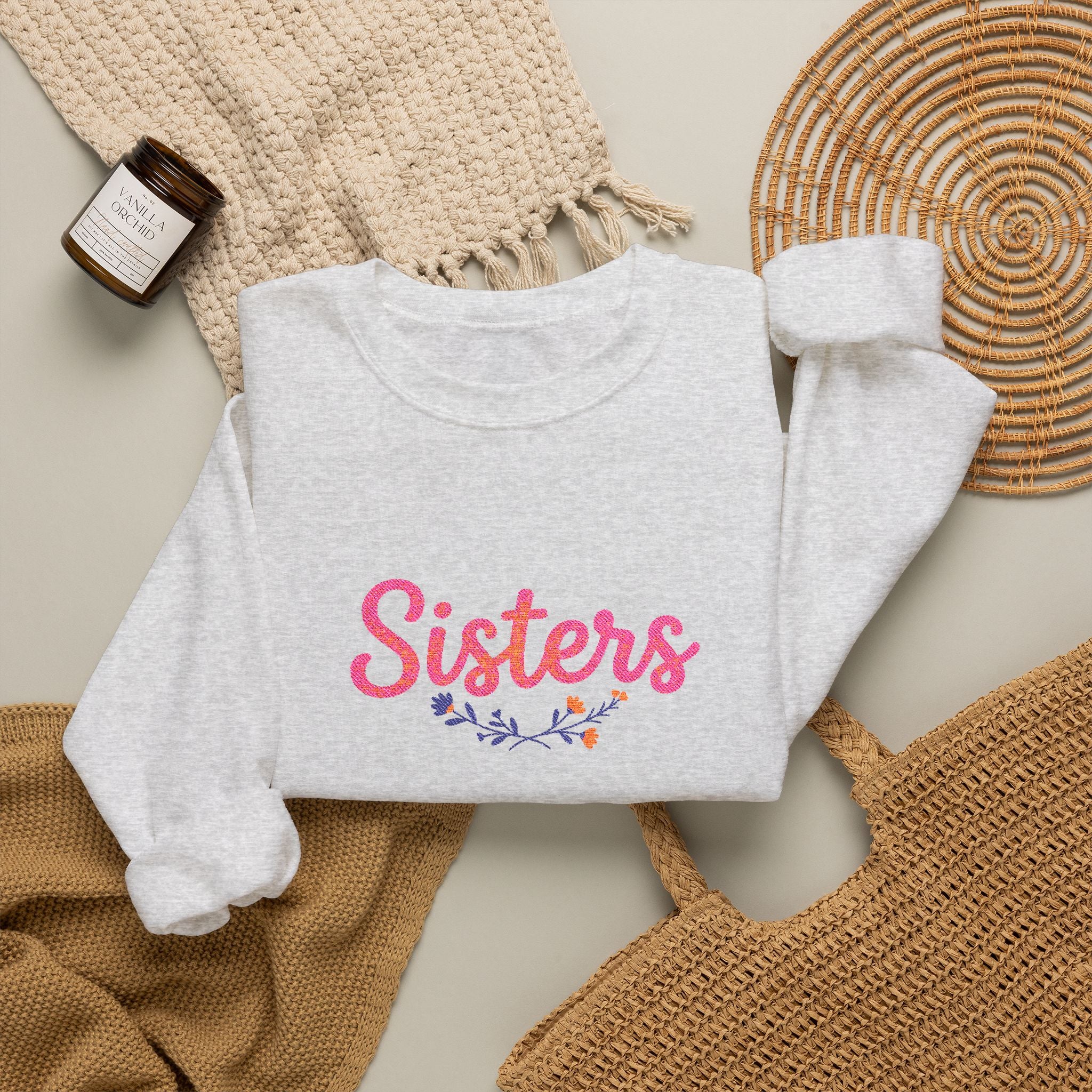 Sisters Embroidered Crewneck Sweatshirt with Floral Branch Design, Sisterly Gift for Sisters and Sister Gift Ideas