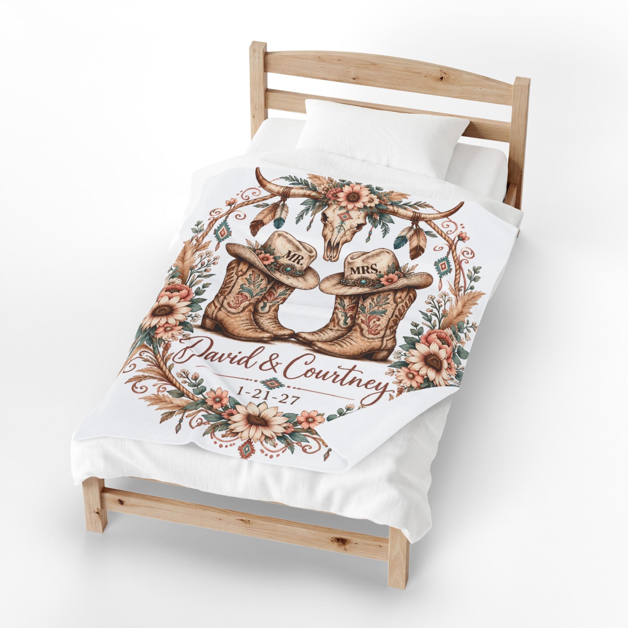 Custom Western Wedding Blanket With Name And Date, Cowboy Mr And Mrs Throw Blanket, Floral Western Couples Blanket, Rustic Bride Groom Gift
