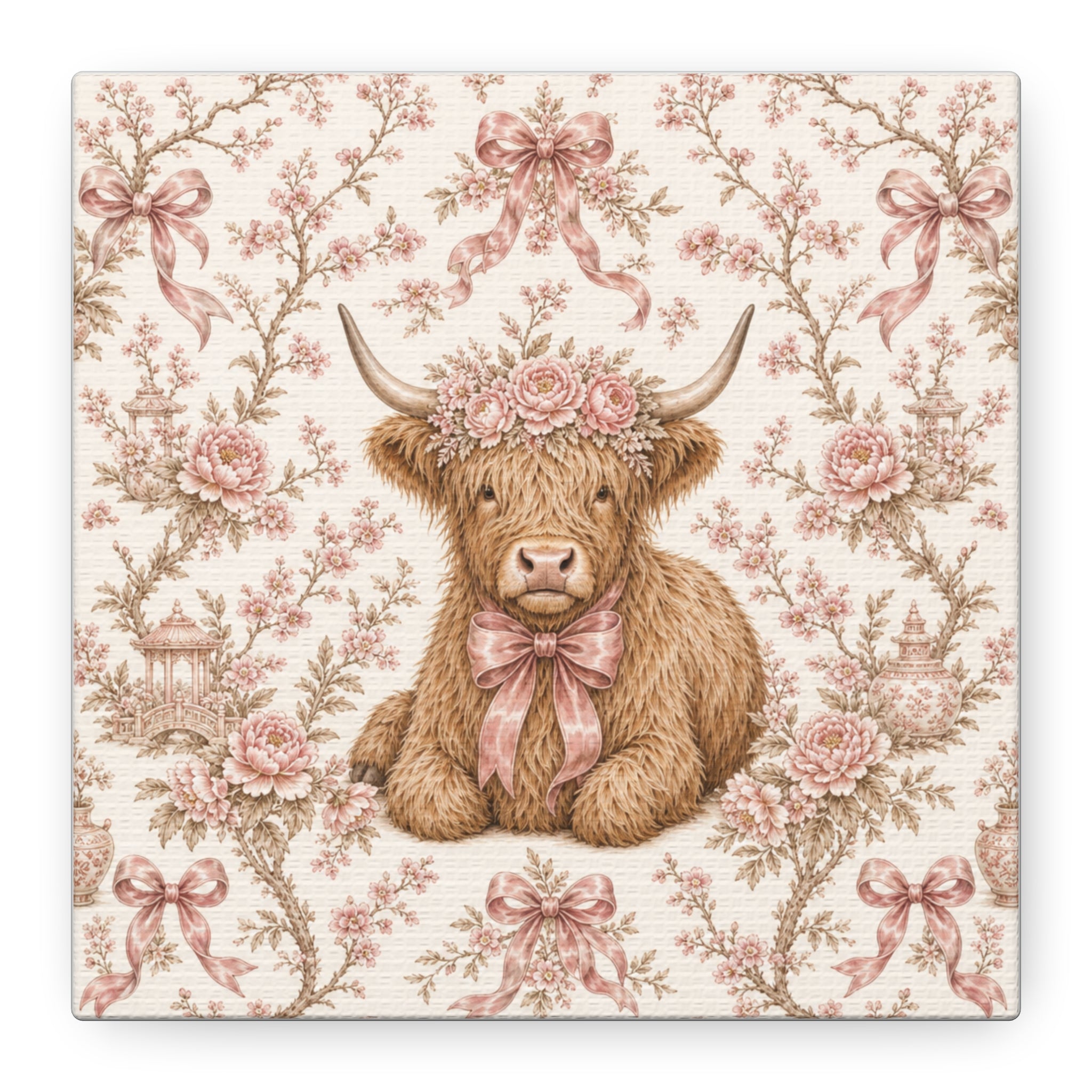 Floral Highland Cow Canvas | Matte Stretched Wall Art