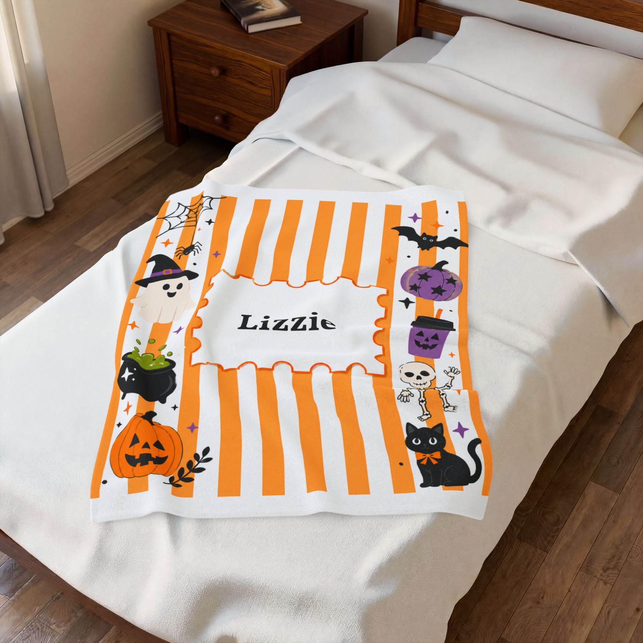Personalized Halloween Stripe Plush Blanket For Kid, Cute Ghost Pumpkin Cat Bat Skeleton Blanket, Halloween Name Blanket, Kid Halloween Gift