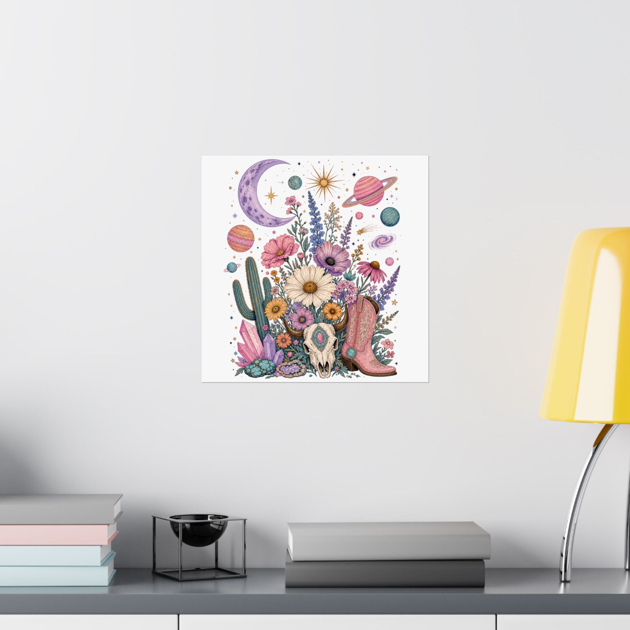 Celestial Wildflower Cow Skull Cowboy Boot Poster | Matte Vertical Poster