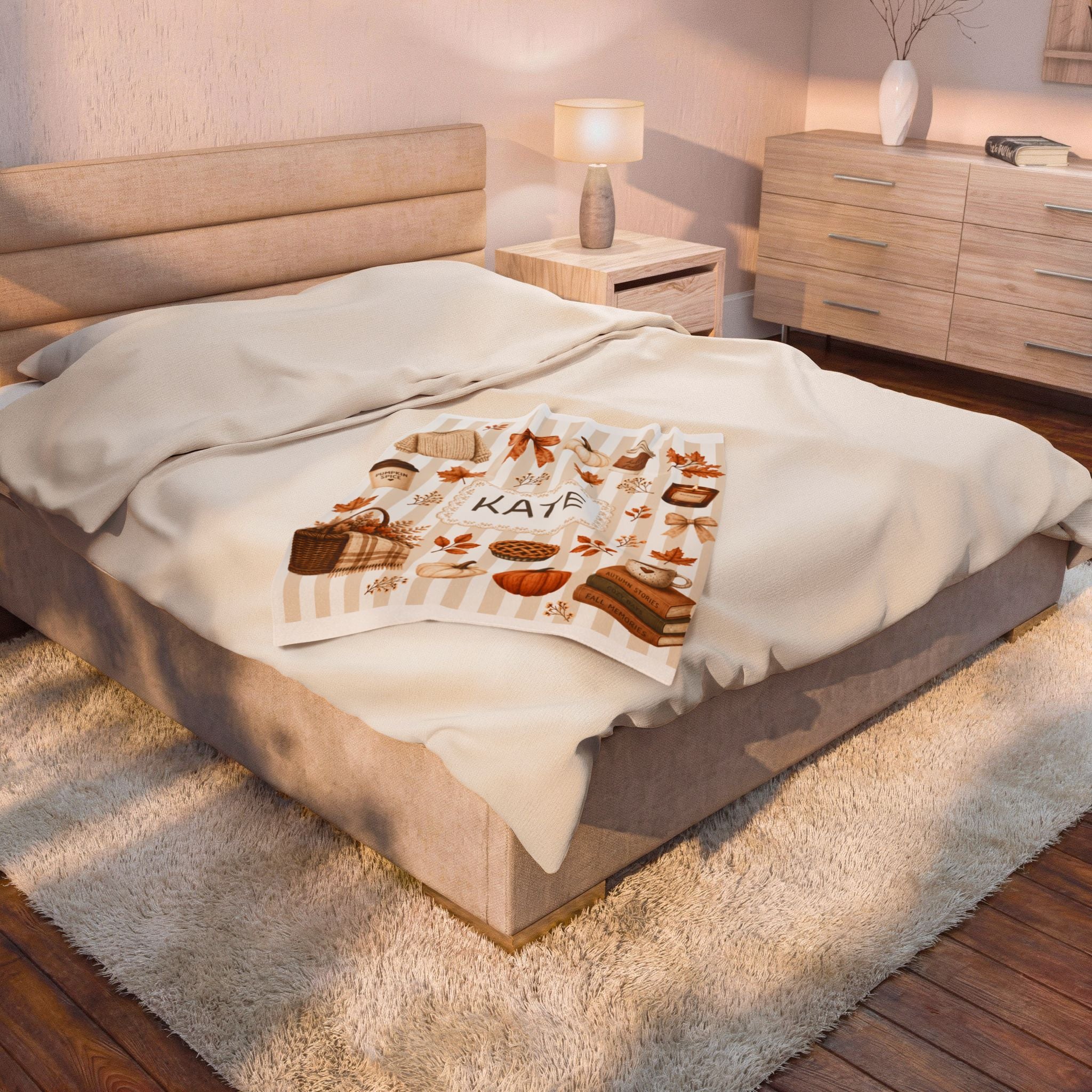 Personalized Autumn Dorm Blanet For College Girl, Custom Name Cozy Velveteen Blanket For Her, Aesthetic Fall Pumpkin Cozy Blanket, Dorm Gift