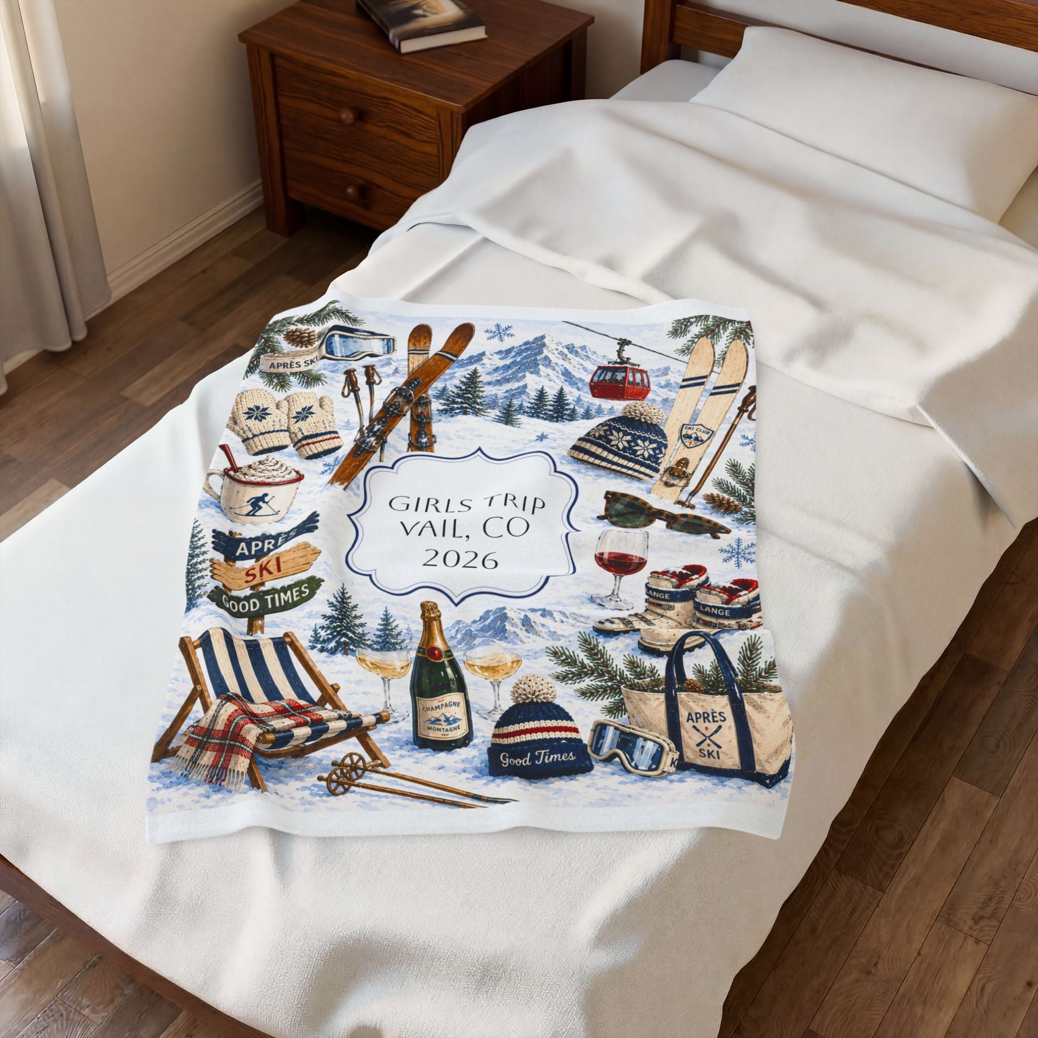 Personalized Snow Ski Velveteen Blanket, Custom Lodge Collage Cozy Blanket, Matching Skiing Girls Trip Blanket, Custom Family Ski Trip Gift