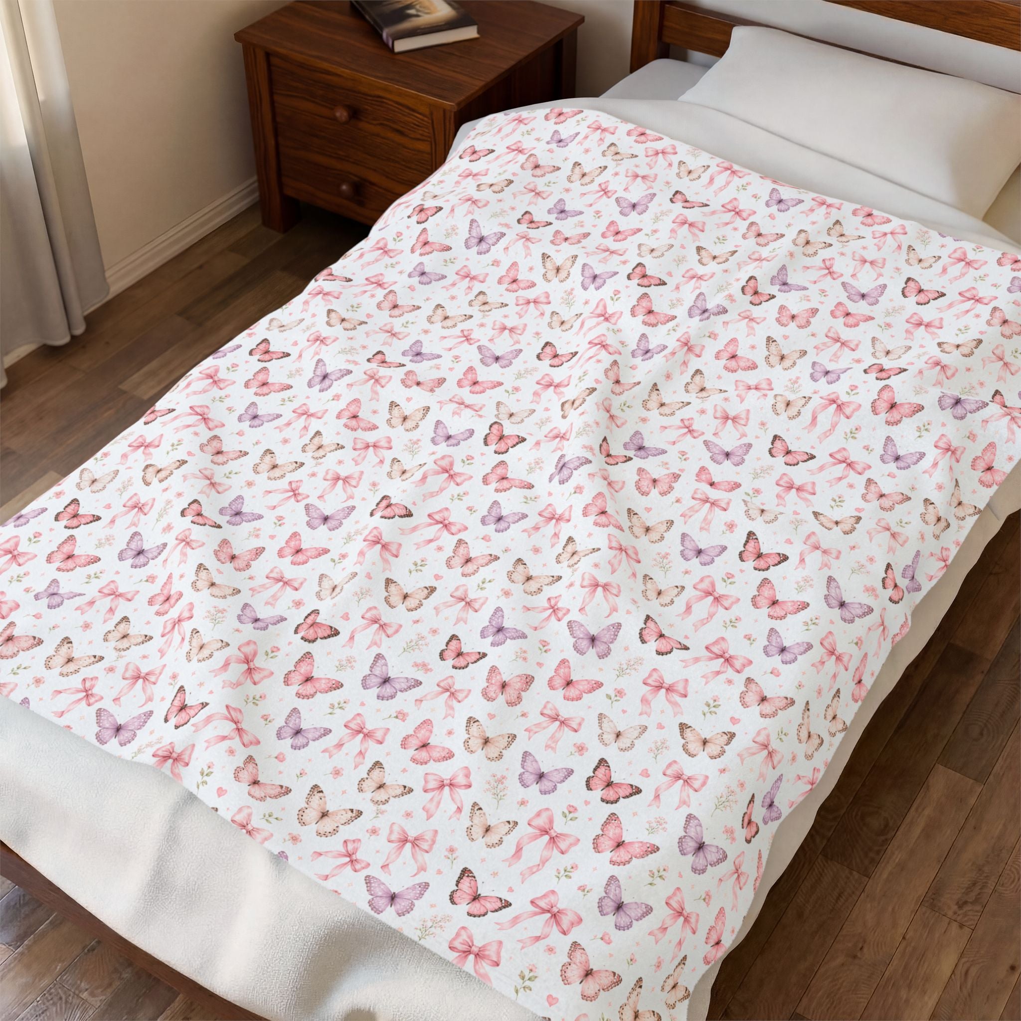 Pink Watercolor Butterflies Velveteen Plush Blanket | Floral Butterfly Pattern
