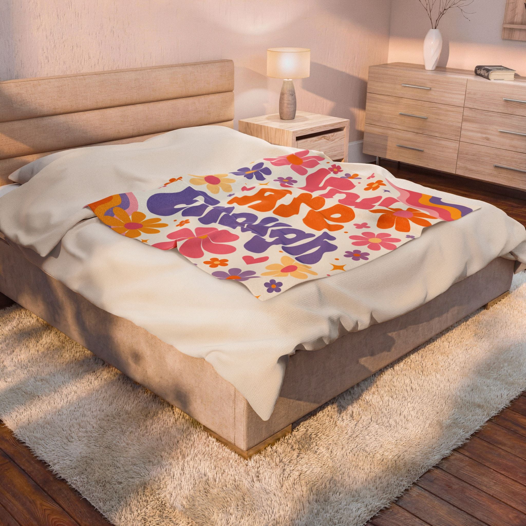 You Are Enough Velveteen Plush Blanket, Retro Flower Positive Quote Blanket, Dopamine Decor Teen Girl Room, College Girl Dorm Decor, Gift