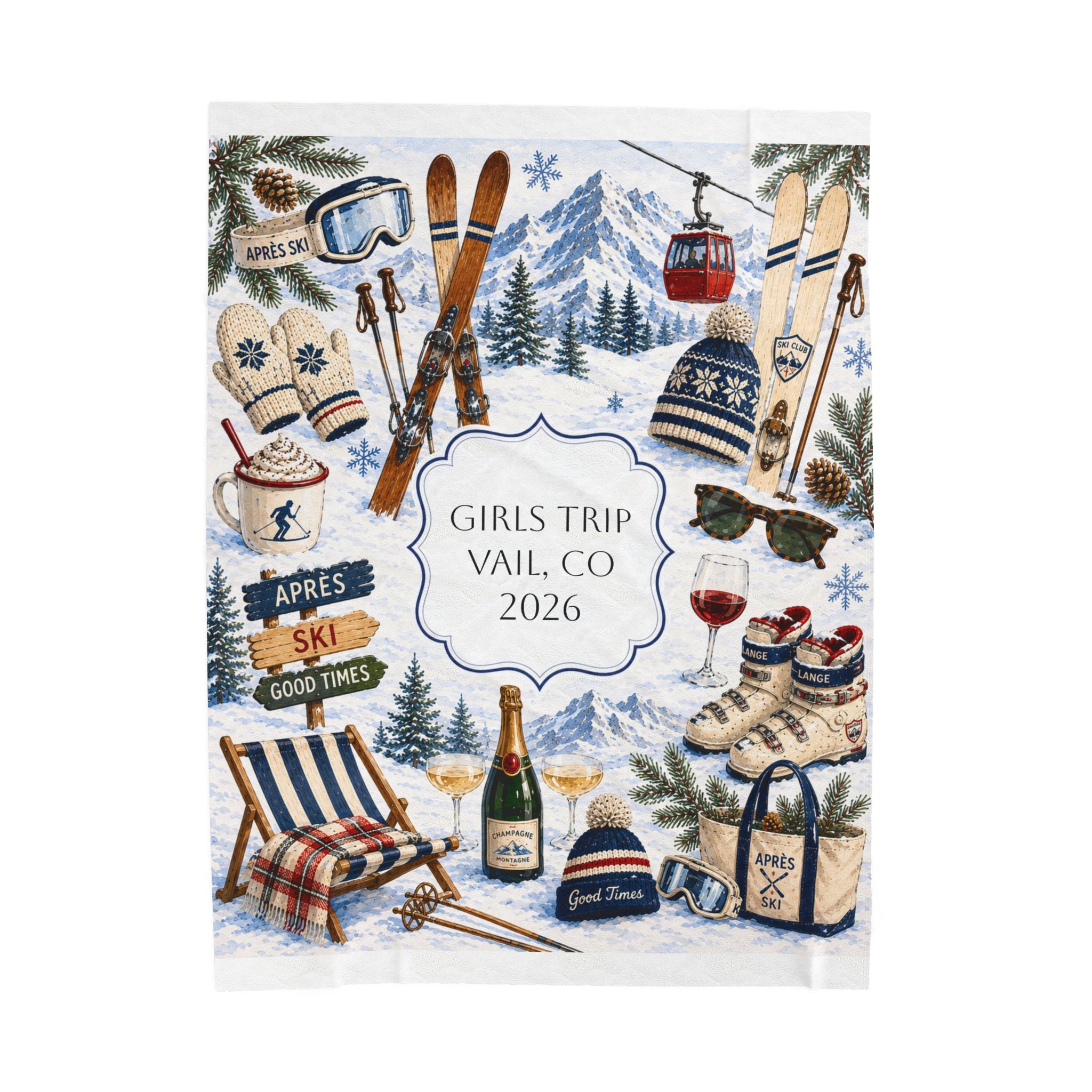 Personalized Snow Ski Velveteen Blanket, Custom Lodge Collage Cozy Blanket, Matching Skiing Girls Trip Blanket, Custom Family Ski Trip Gift