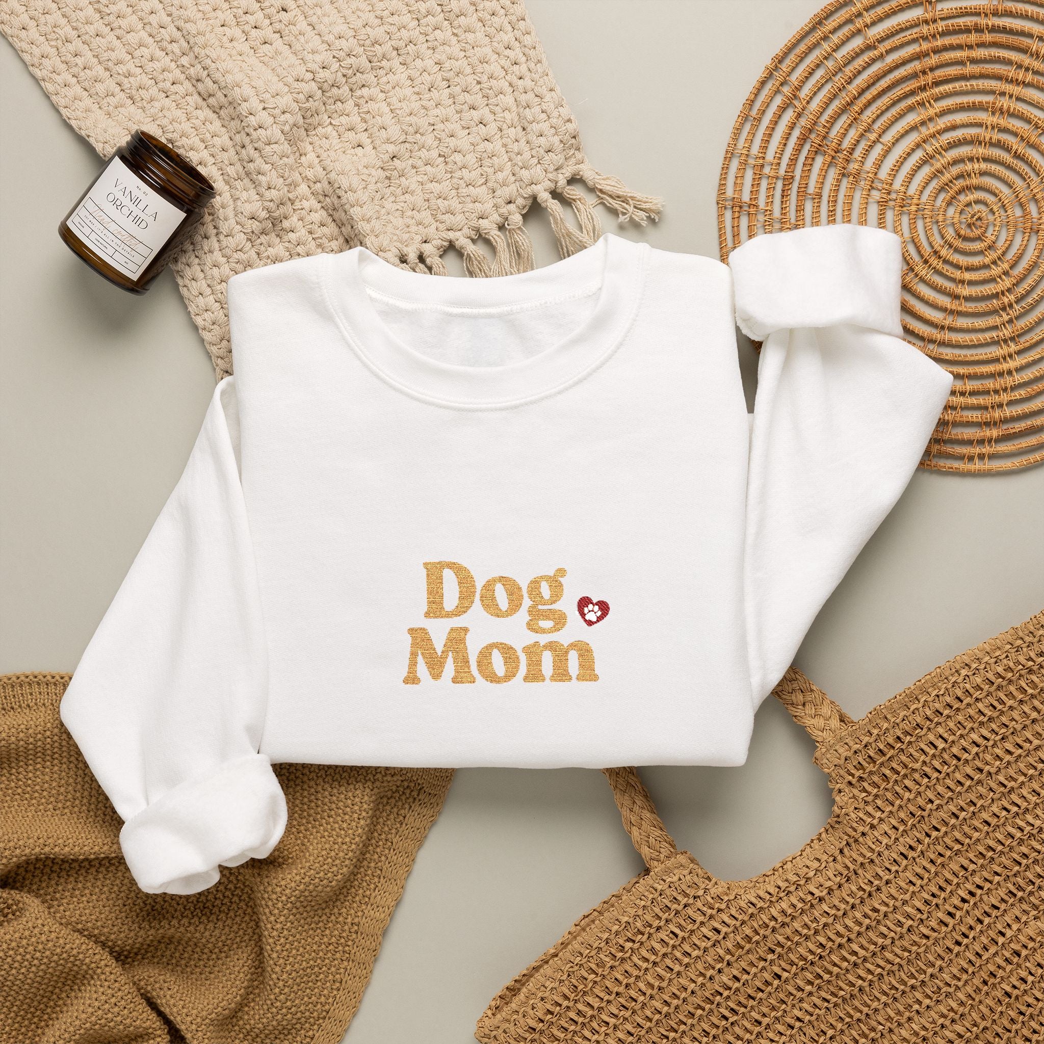 Dog Mom Embroidered Crewneck Sweatshirt with Paw Print Heart Design, Cozy Gift for Dog Moms and Mamas