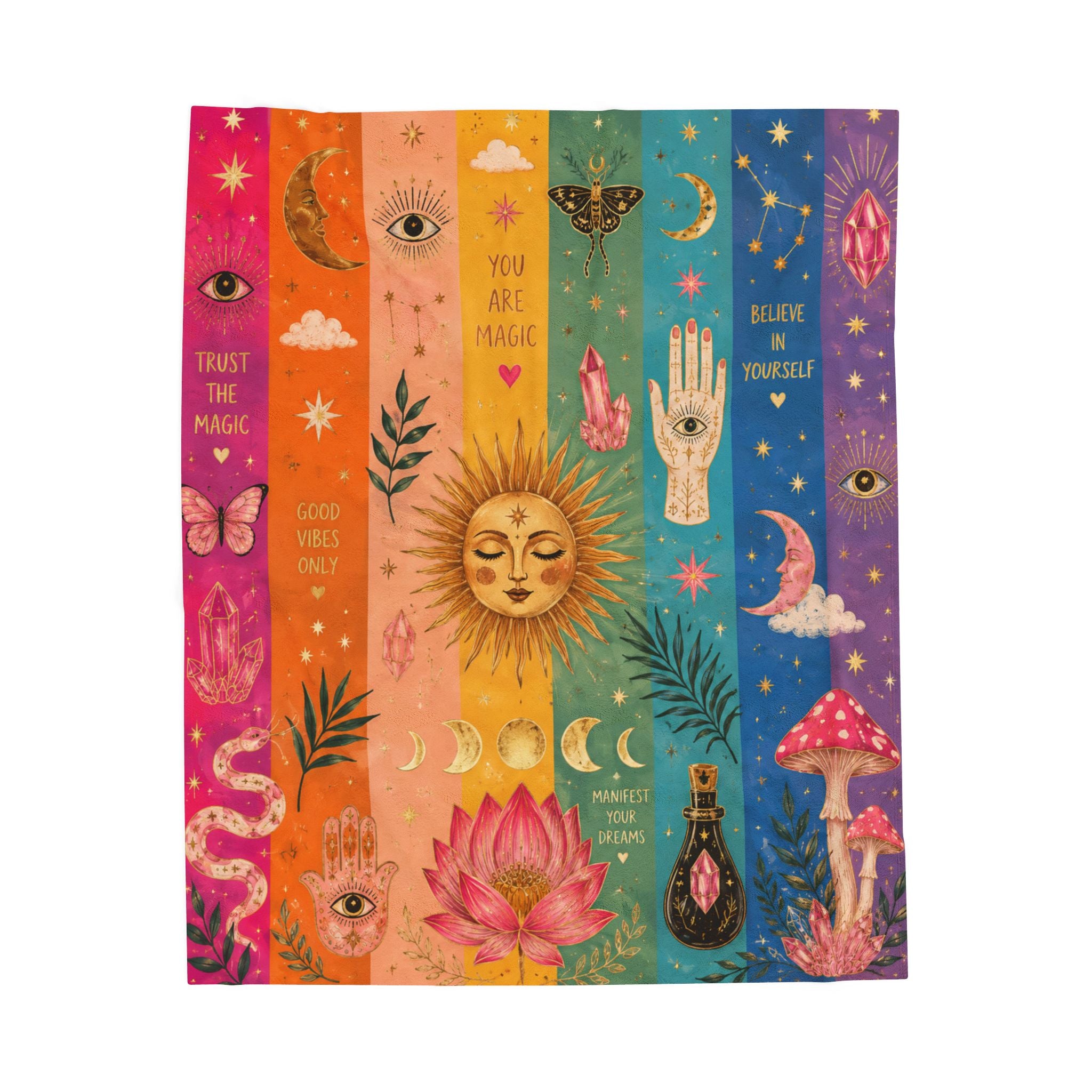 Mystical Sun & Moon Rainbow Stripes Velveteen Plush Blanket | Boho Celestial Illustration
