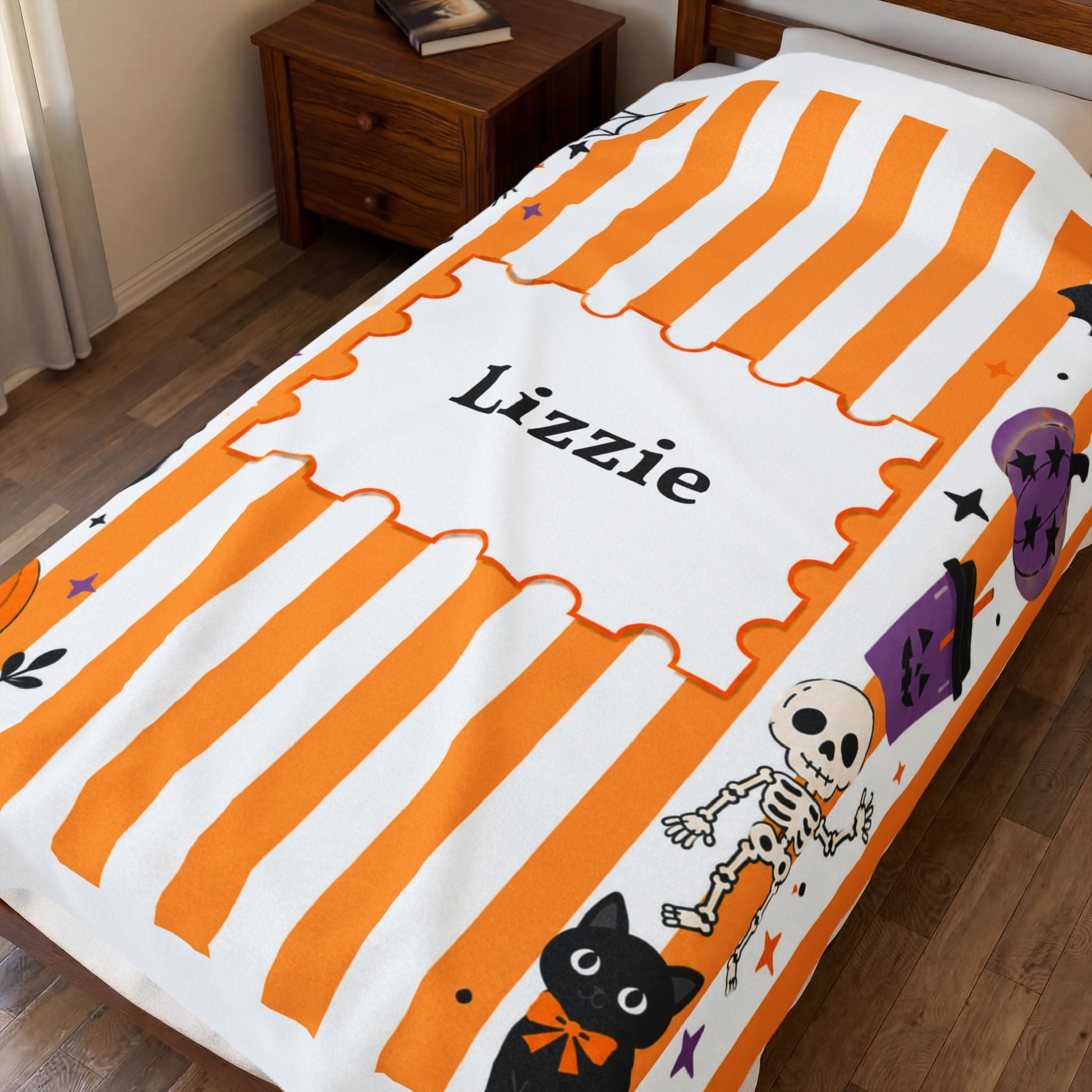 Personalized Halloween Stripe Plush Blanket For Kid, Cute Ghost Pumpkin Cat Bat Skeleton Blanket, Halloween Name Blanket, Kid Halloween Gift