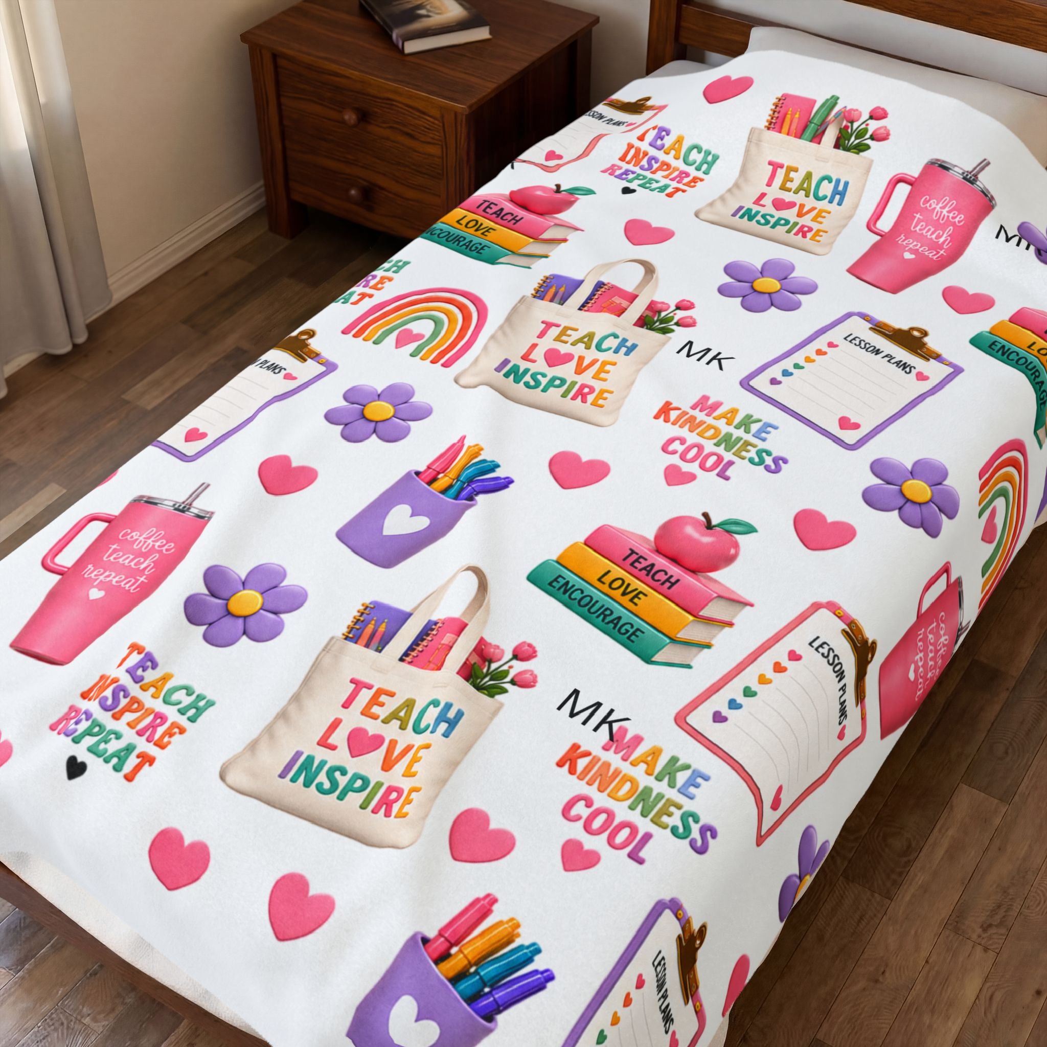 Teacher Themed Pattern Velveteen Plush Blanket | Teach Love Inspire, Rainbows, School Supplies