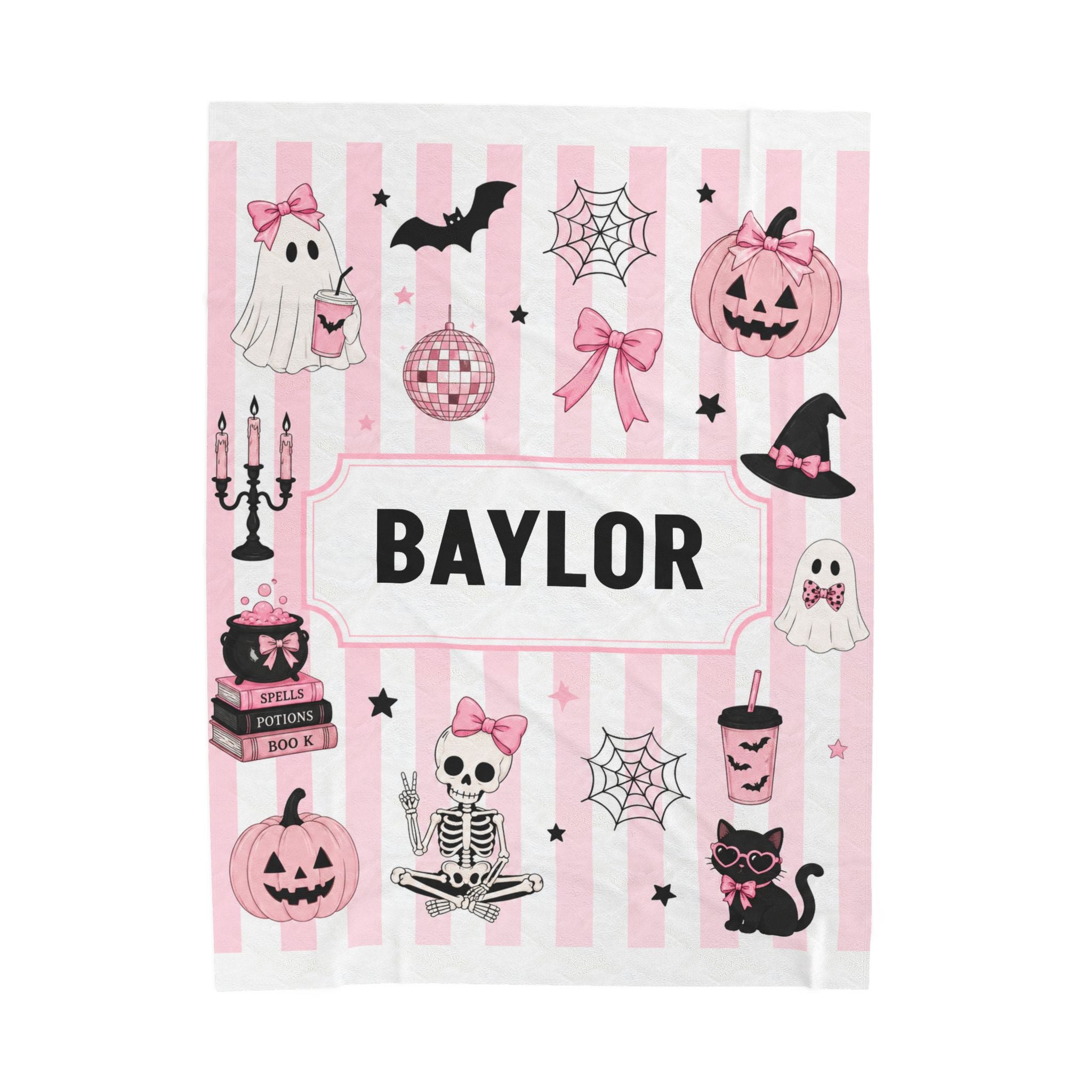 Personalized Pink Stripe Halloween Velveteen Plush Blanket, Custom Name Halloween Blanket For Girl, Pink Halloween Gift For Teen Girl, Cozy