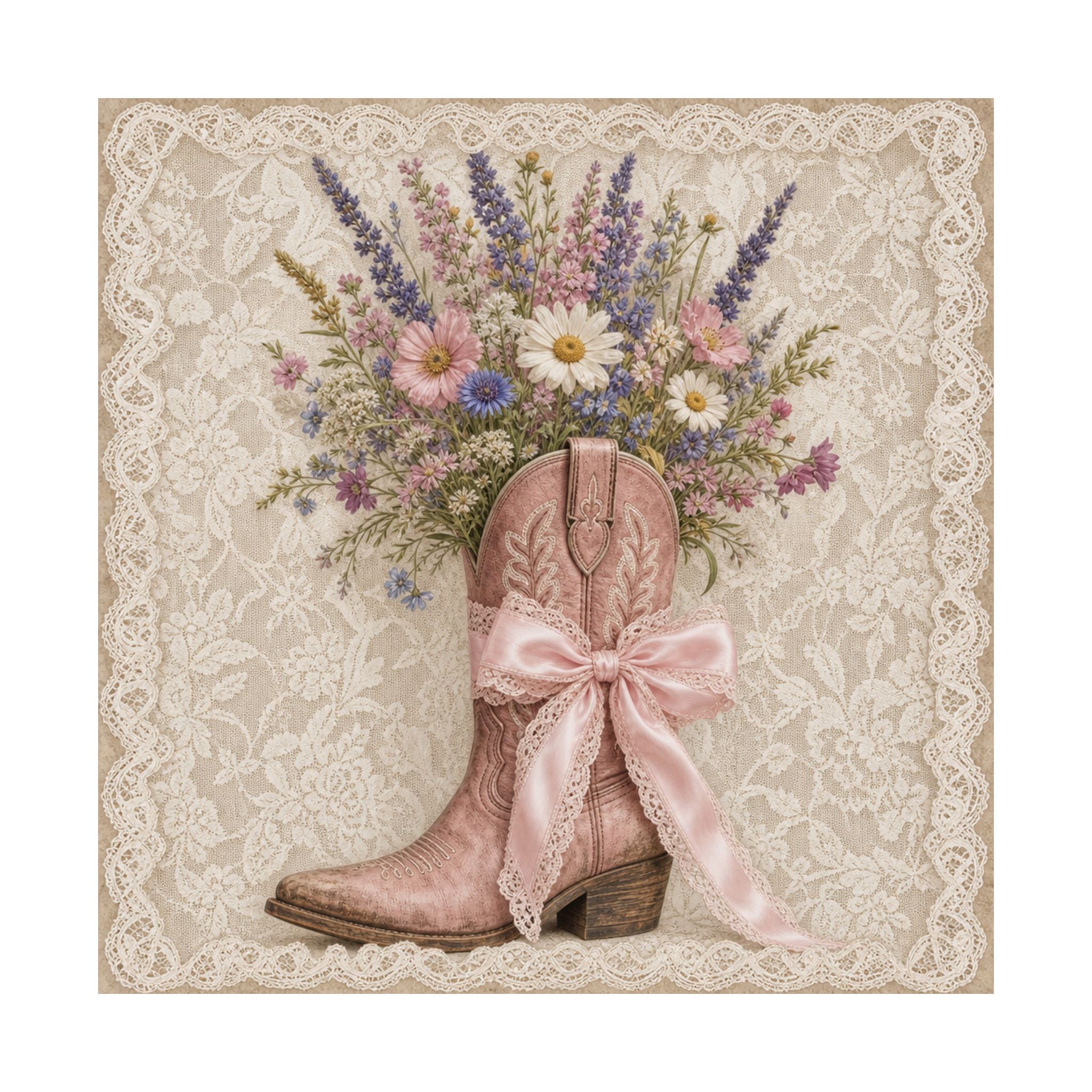 Cowgirl Lace Boot Bouquet Poster | Floral Lace Western Wall Art