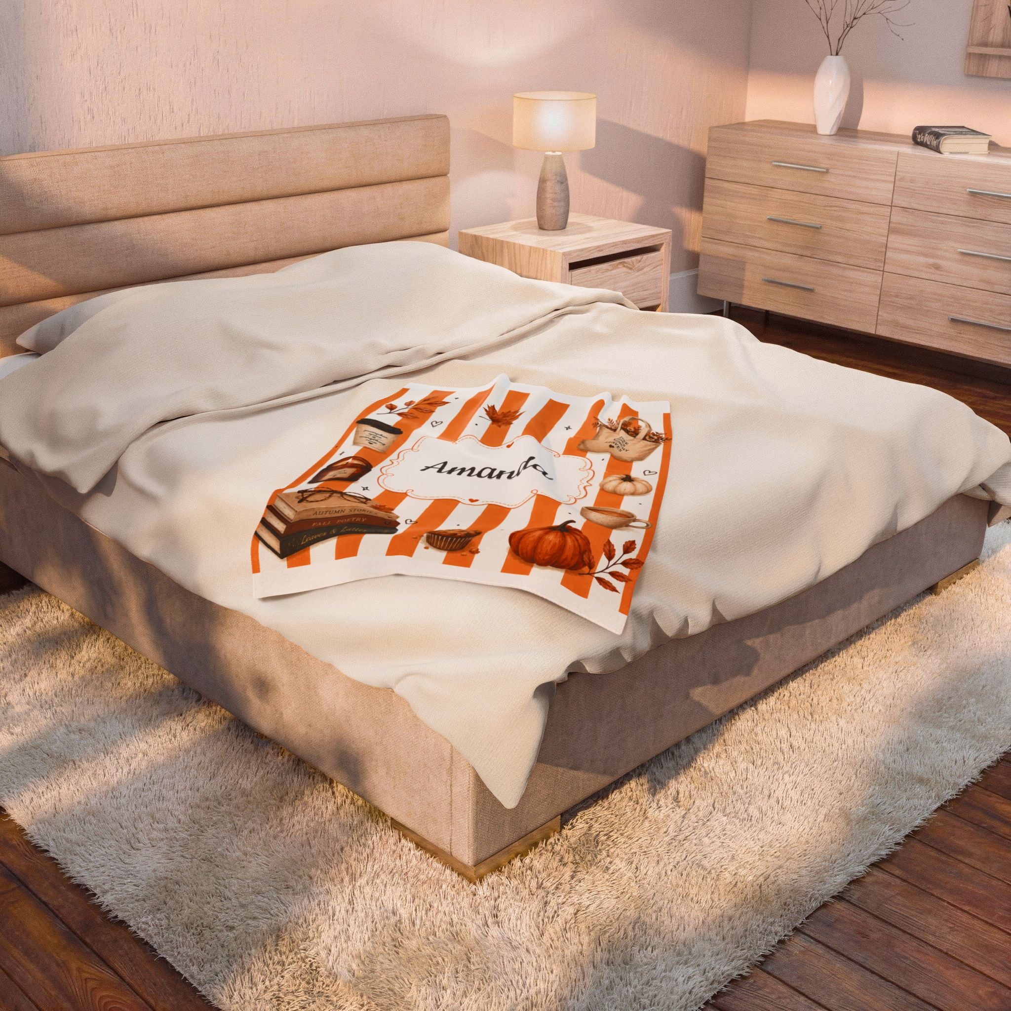 Personalized Autumn Cozy Velveteen Plush Blanket | Personalized Name Fall Throw