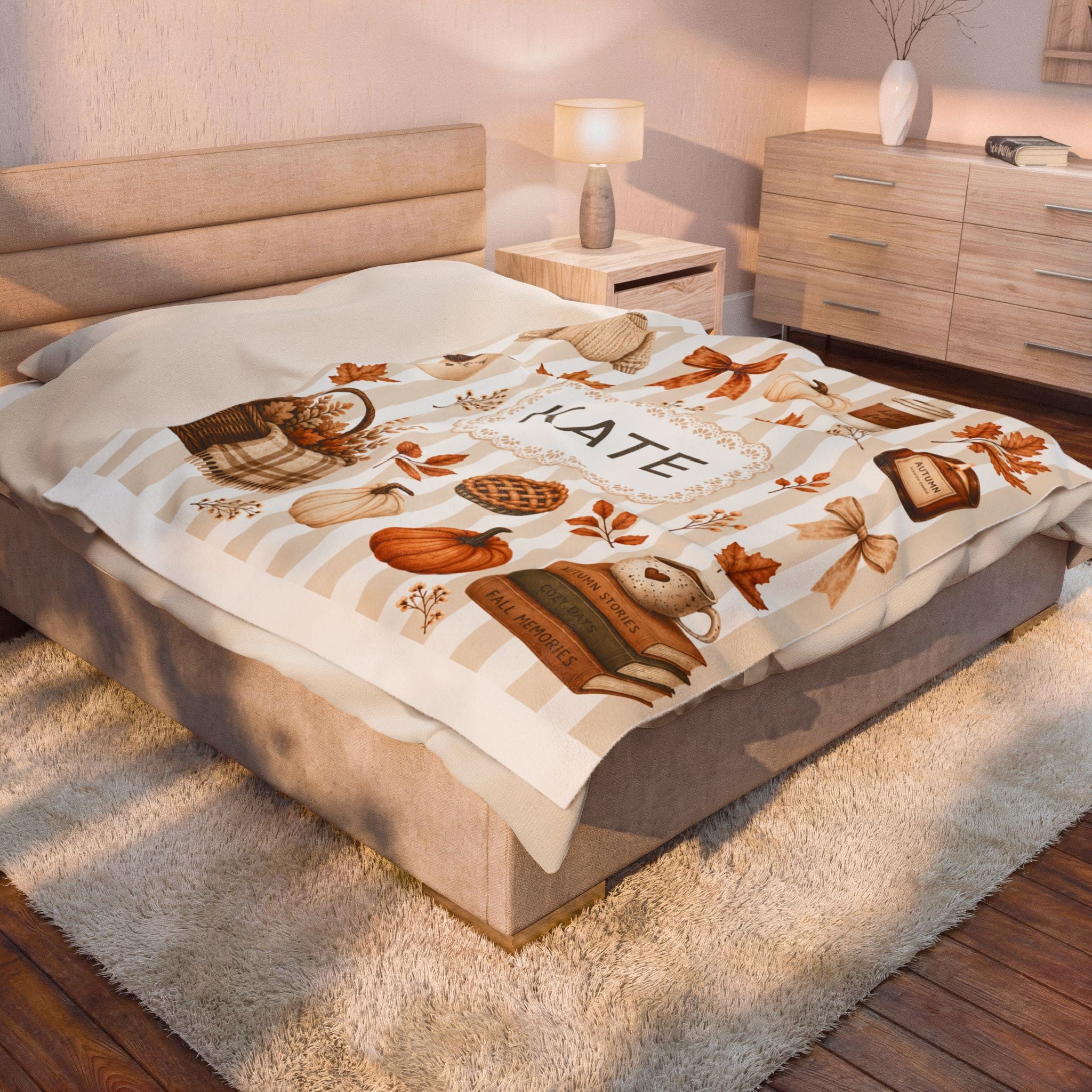 Personalized Autumn Dorm Blanet For College Girl, Custom Name Cozy Velveteen Blanket For Her, Aesthetic Fall Pumpkin Cozy Blanket, Dorm Gift