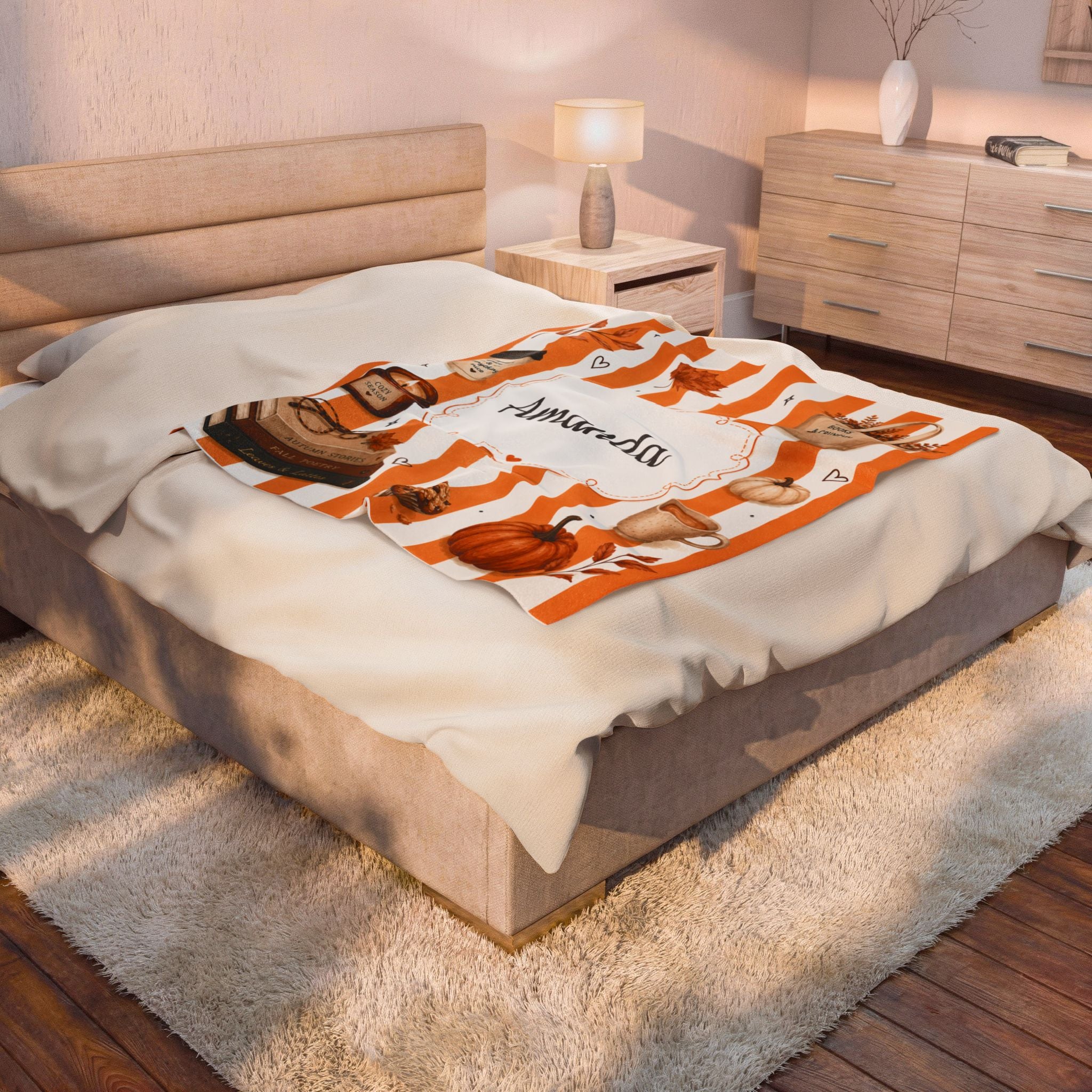 Personalized Autumn Cozy Velveteen Plush Blanket | Personalized Name Fall Throw
