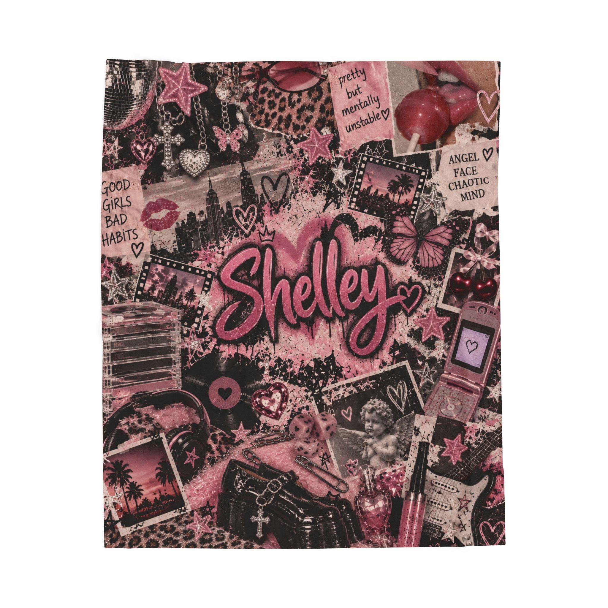 Pink Collage Name Script Velveteen Plush Blanket | Personalized Photo Sticker Aesthetic