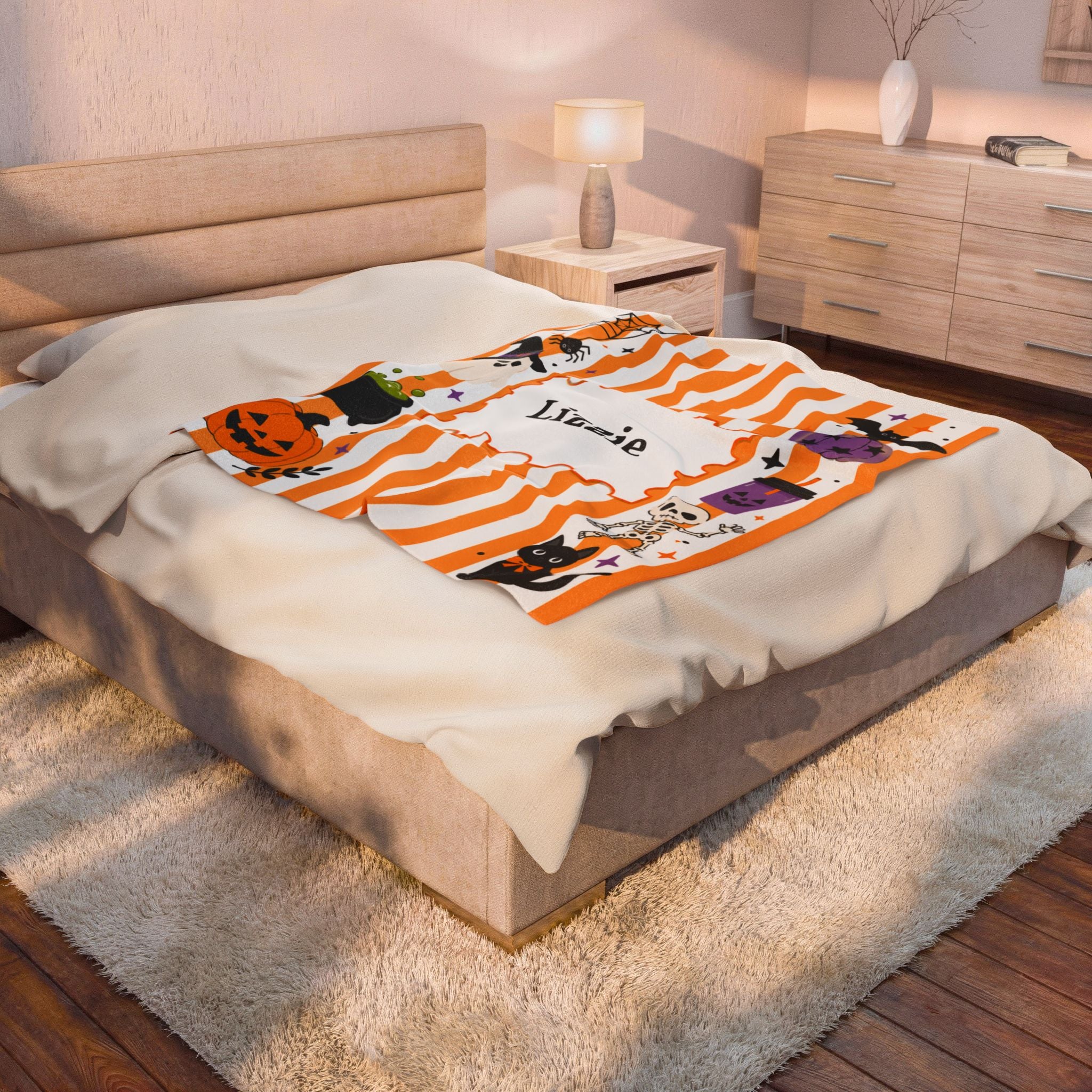 Personalized Halloween Stripe Plush Blanket For Kid, Cute Ghost Pumpkin Cat Bat Skeleton Blanket, Halloween Name Blanket, Kid Halloween Gift