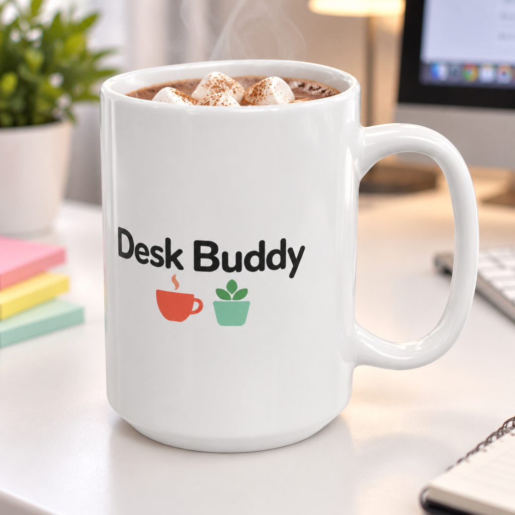 Desk Buddy Coffee Mug, White Ceramic Mug with Coffee Cup and Plant Design, Office Gift Mug for Coworkers