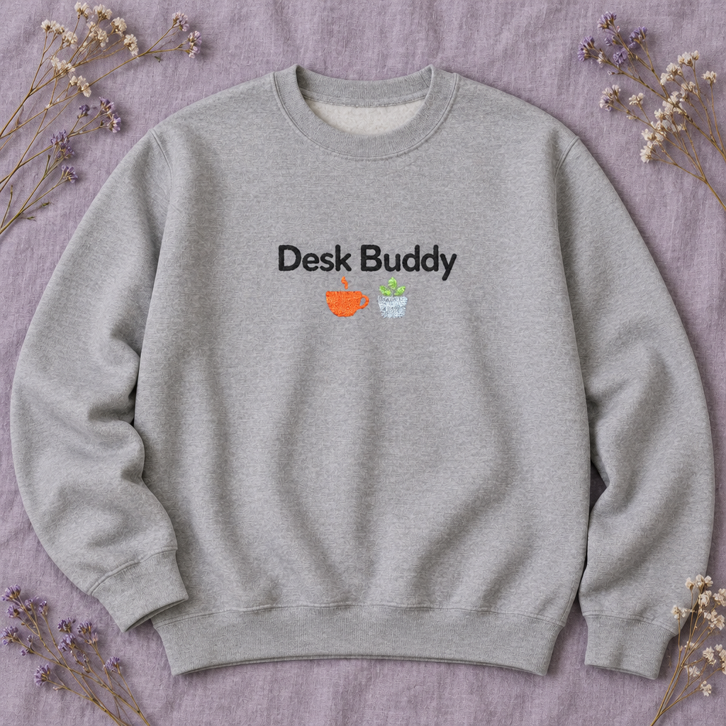 Desk Buddy Embroidered Crewneck Sweatshirt with Coffee Mug and Plant Design, Desk Buddy Gifts for Coworkers